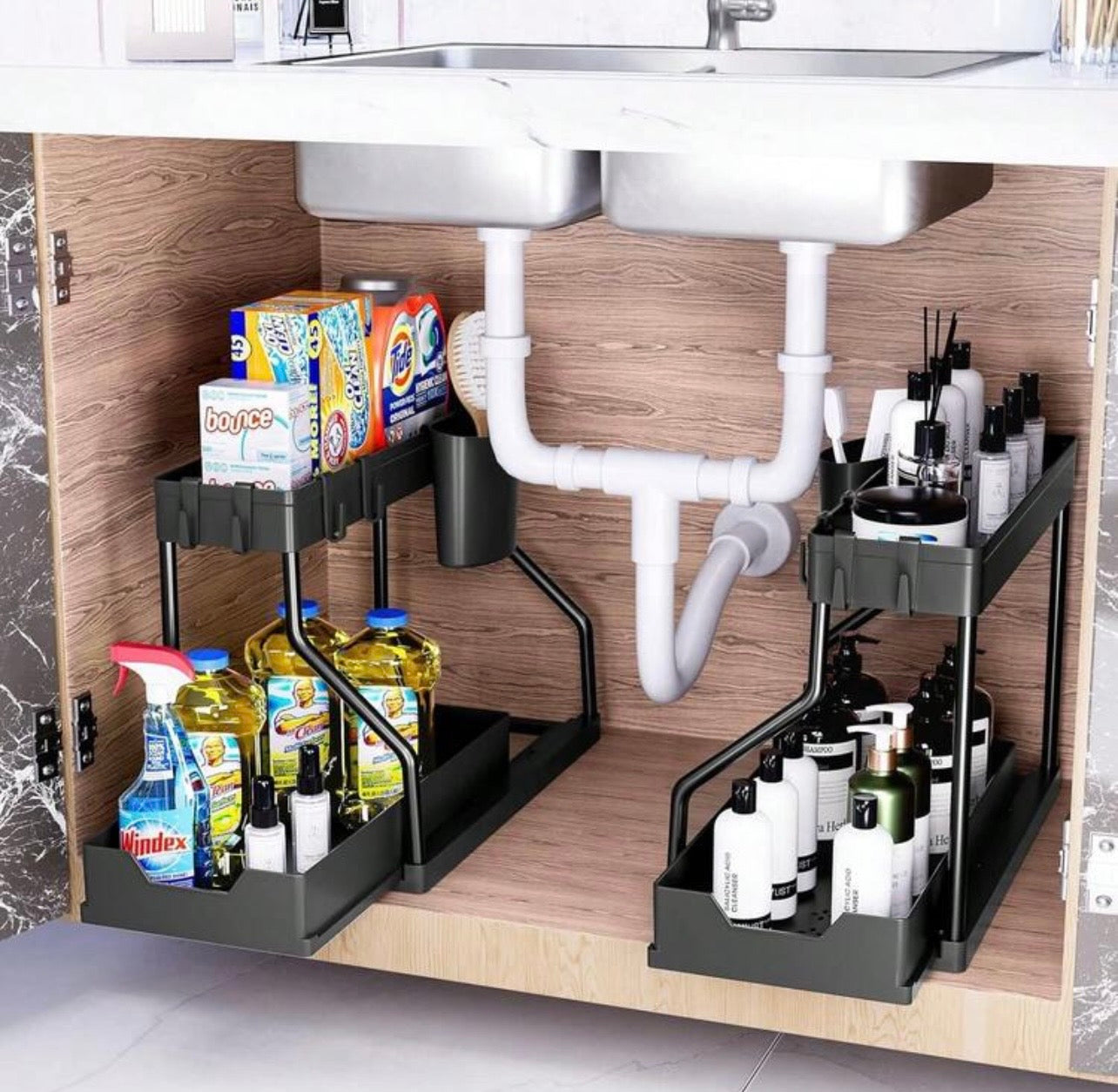 TidyLiving™ SlideOut Under Sink Organizer – 2-Tier Pull-Out Storage Rack with Hooks & Cups