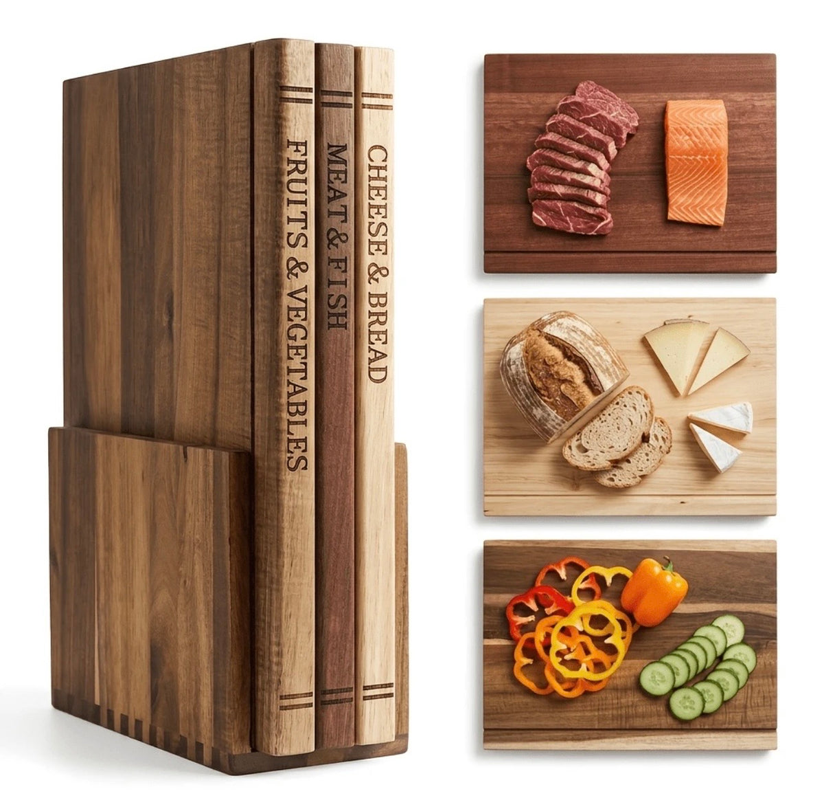 TidyLiving™ TrioPrep Cutting Board Set – 3-Piece Acacia Wood Boards with Storage Stand