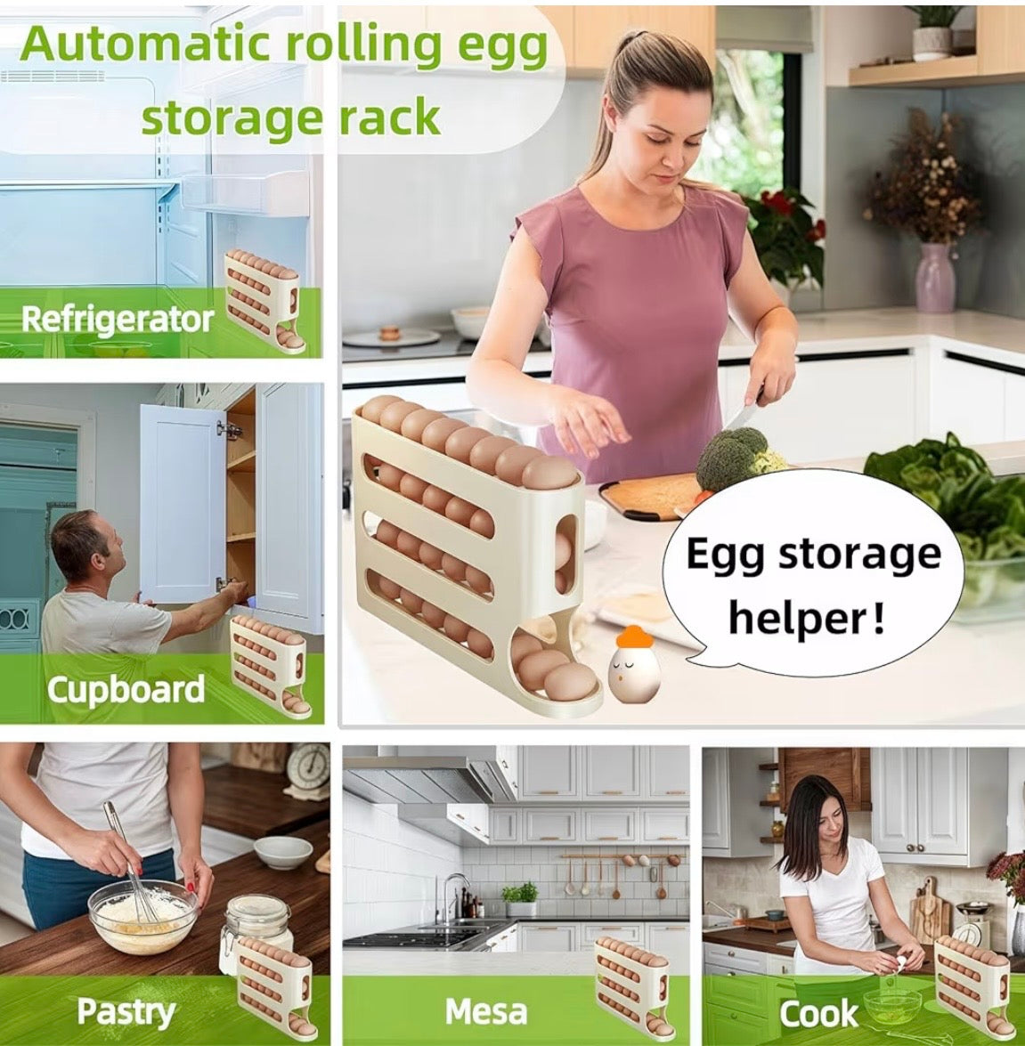 TidyLiving™ Auto Rolling Egg Organizer – Space-Saving Fridge Egg Holder (Holds 30 Eggs)