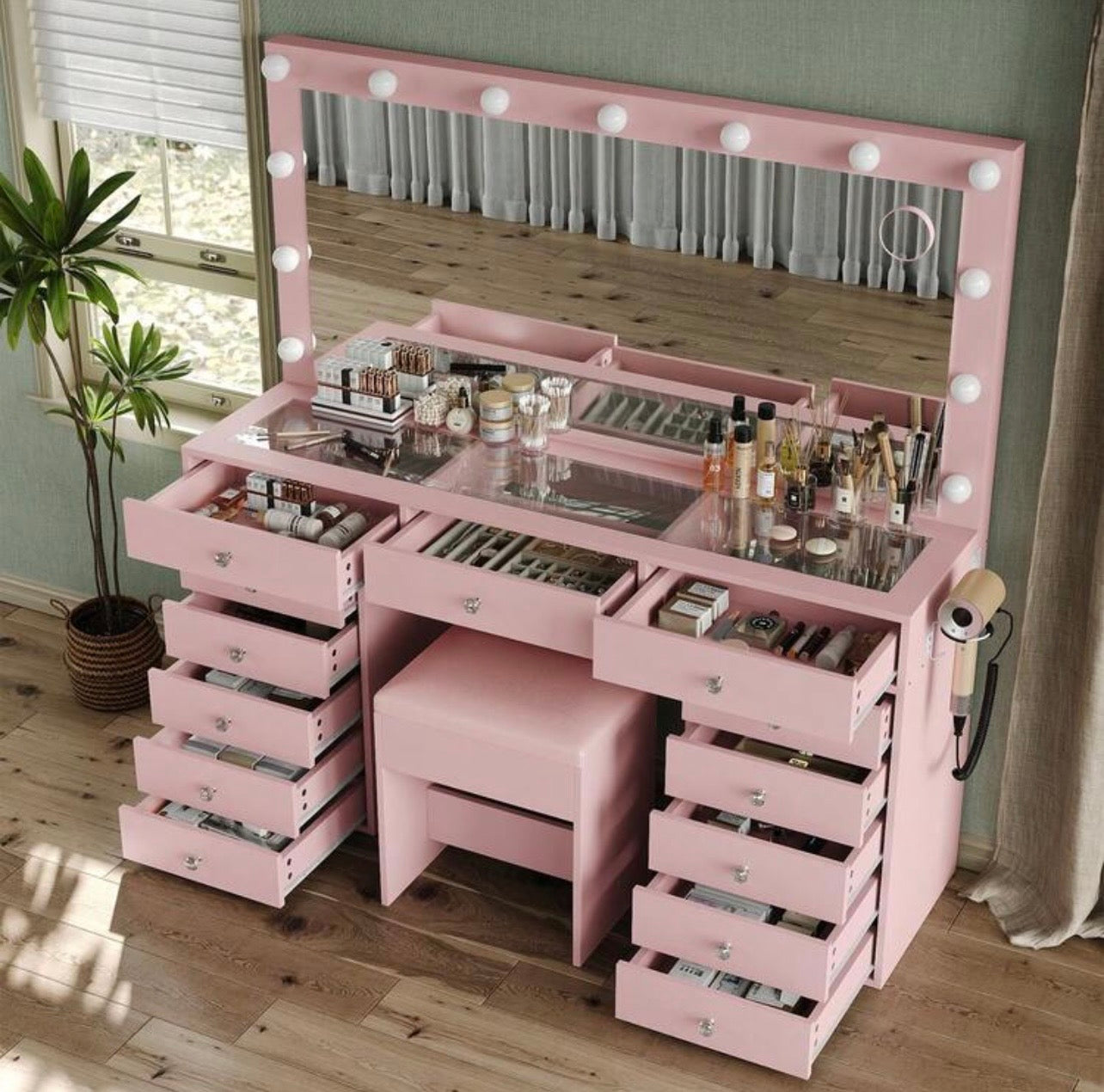TidyLiving™ Luxury Hollywood Makeup Vanity with LED Lights & 13 Drawers
