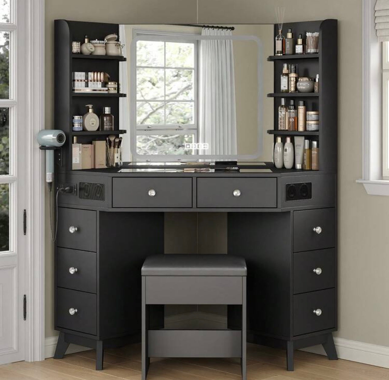 TidyLiving™ Luxe Corner Makeup Vanity with LED Mirror, 8 Drawers & Stool