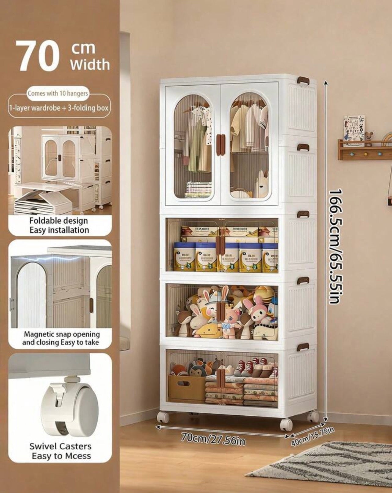 TidyLiving™ Foldable Wardrobe Storage Cabinet with Hanging Closet, Clear Doors & Wheels