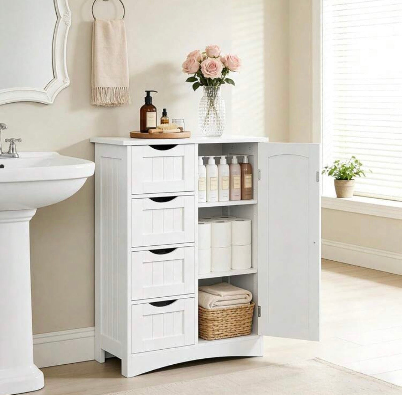 TidyLiving™ Bathroom Storage Cabinet with 4 Drawers & Adjustable Shelves – Freestanding Bathroom Organizer