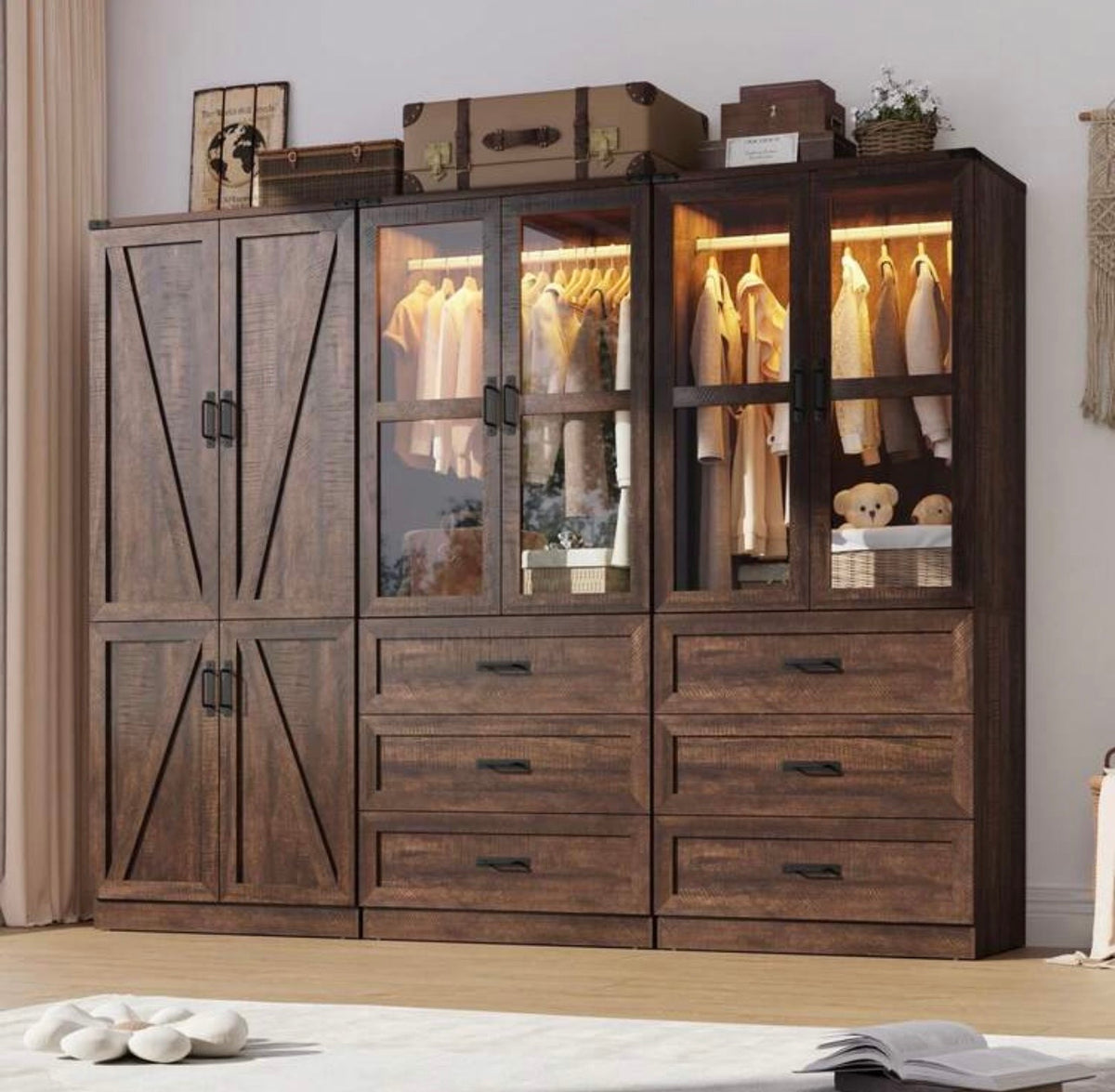 TidyLiving™ Modular Farmhouse Wardrobe with LED Lighting & Storage