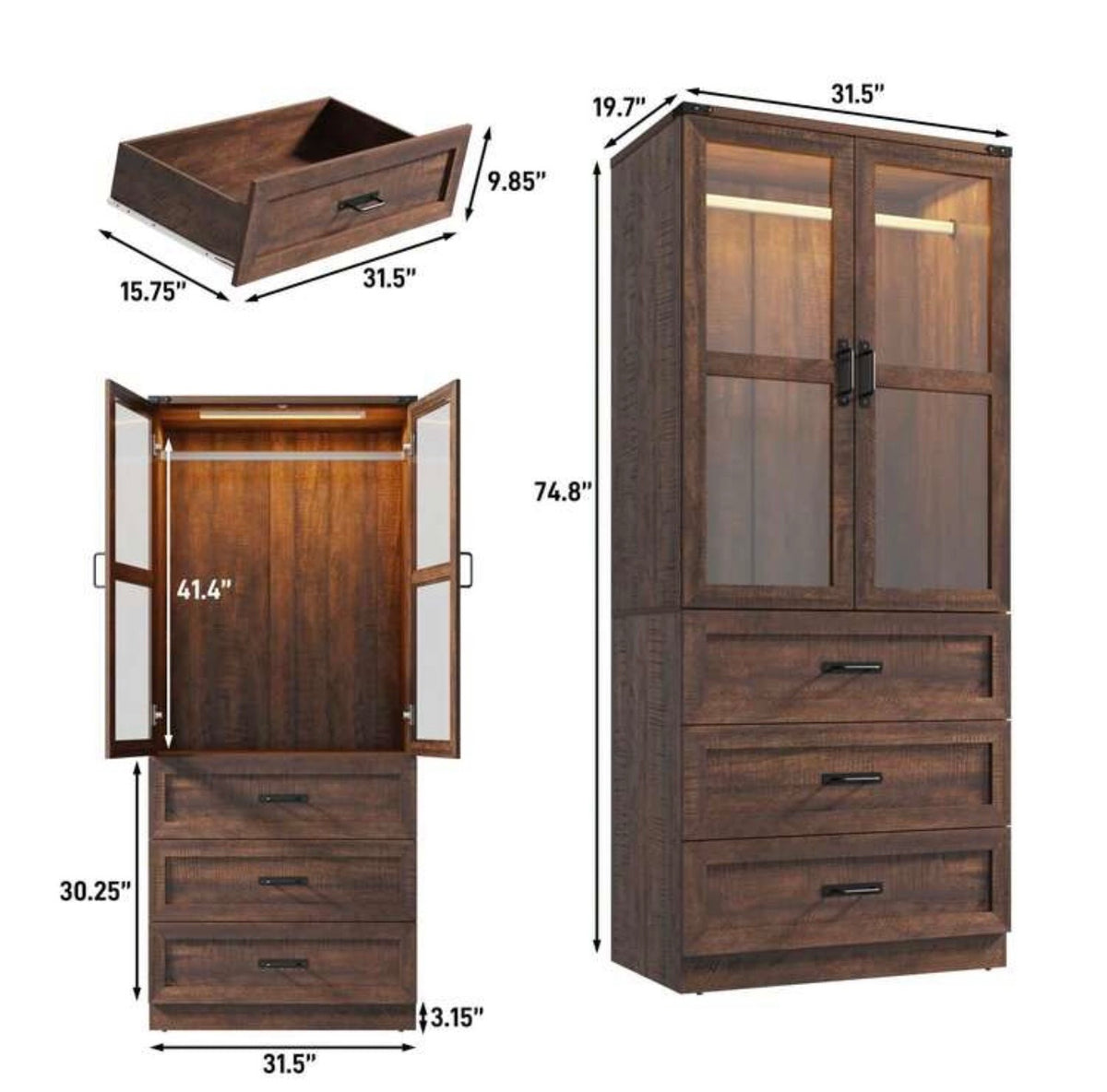 TidyLiving™ Modular Farmhouse Wardrobe with LED Lighting & Storage