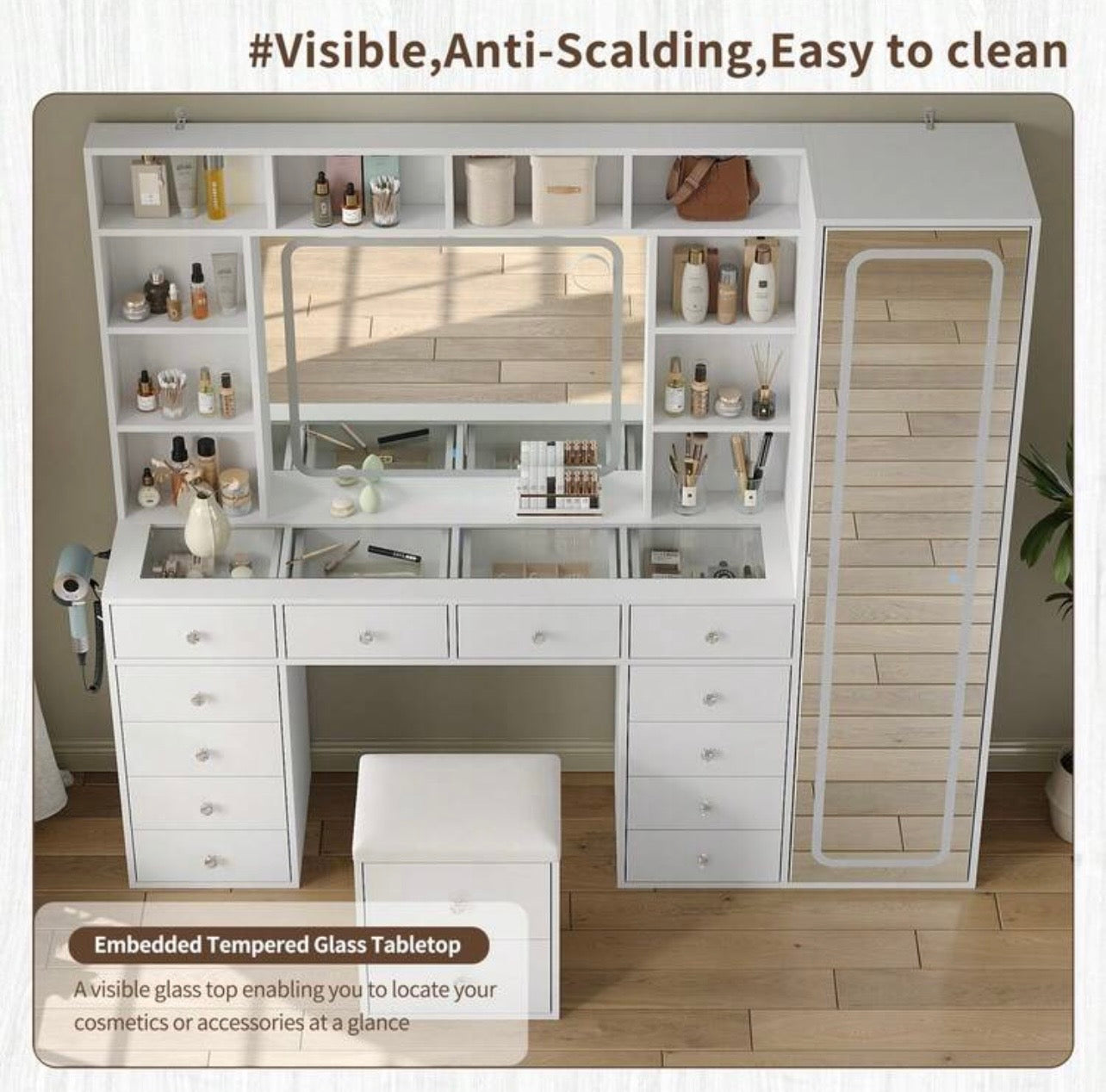 TidyLiving™ Luxury LED Makeup Vanity with Full-Length Mirror & Storage