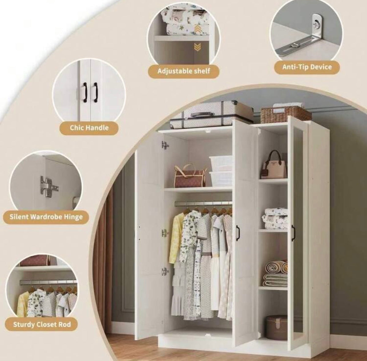 TidyLiving™ 3-Door Wardrobe with Full-Length Mirror, Hanging Rod & Adjustable Storage