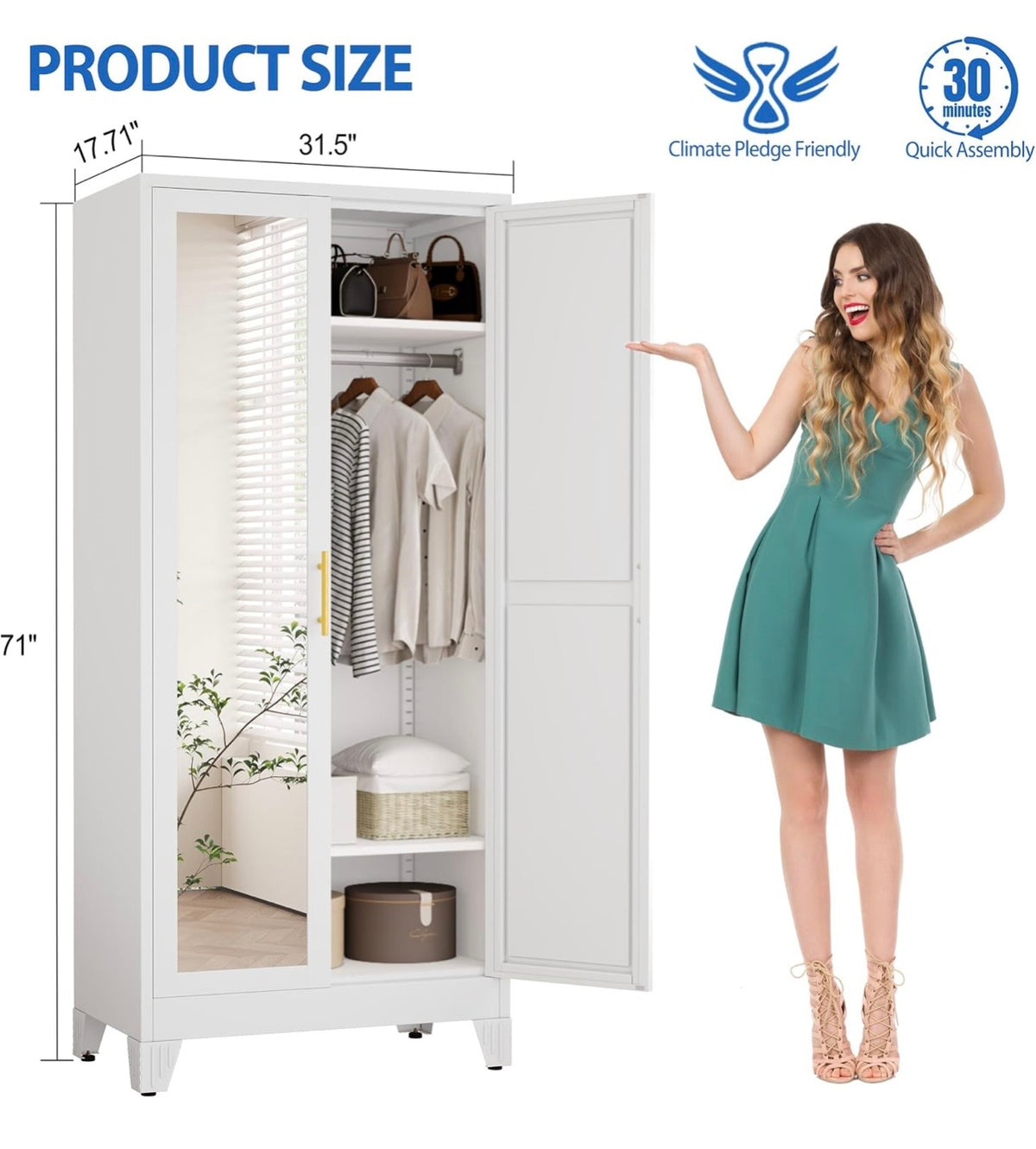 TidyLiving™ Aurelia 71” Freestanding Wardrobe with Adjustable Shelving & Hanging Rail