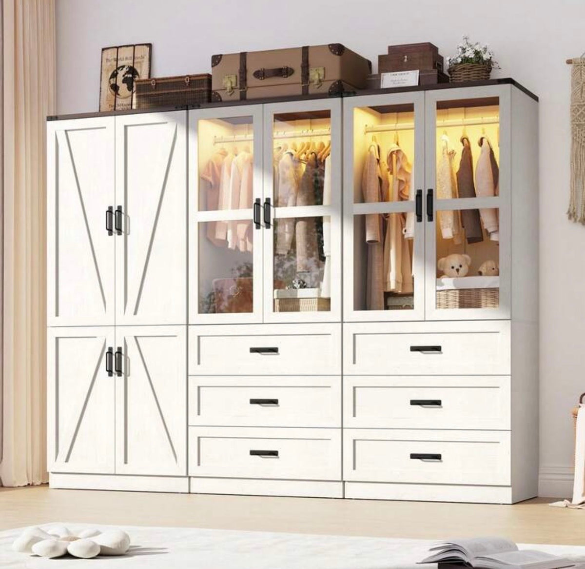 TidyLiving™ Modular Farmhouse Wardrobe with LED Lighting & Storage