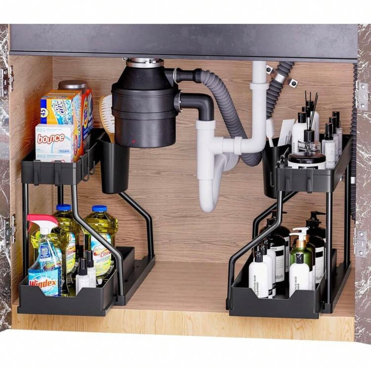 TidyLiving™ SlideOut Under Sink Organizer – 2-Tier Pull-Out Storage Rack with Hooks & Cups