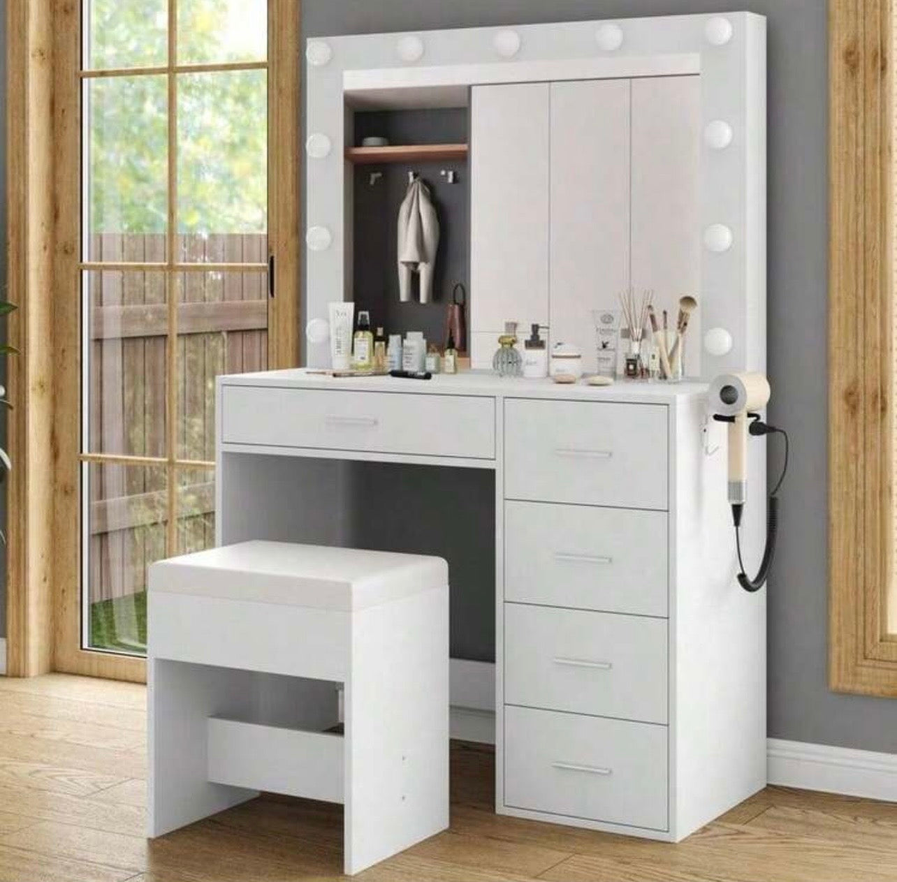 TidyLiving™ Hollywood LED Makeup Vanity with Mirror, 5 Drawers & Stool