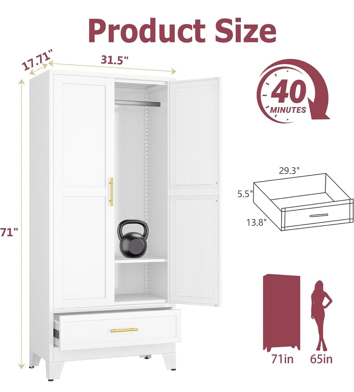 TidyLiving™ Aurelia 71” Freestanding Wardrobe with Adjustable Shelving & Hanging Rail