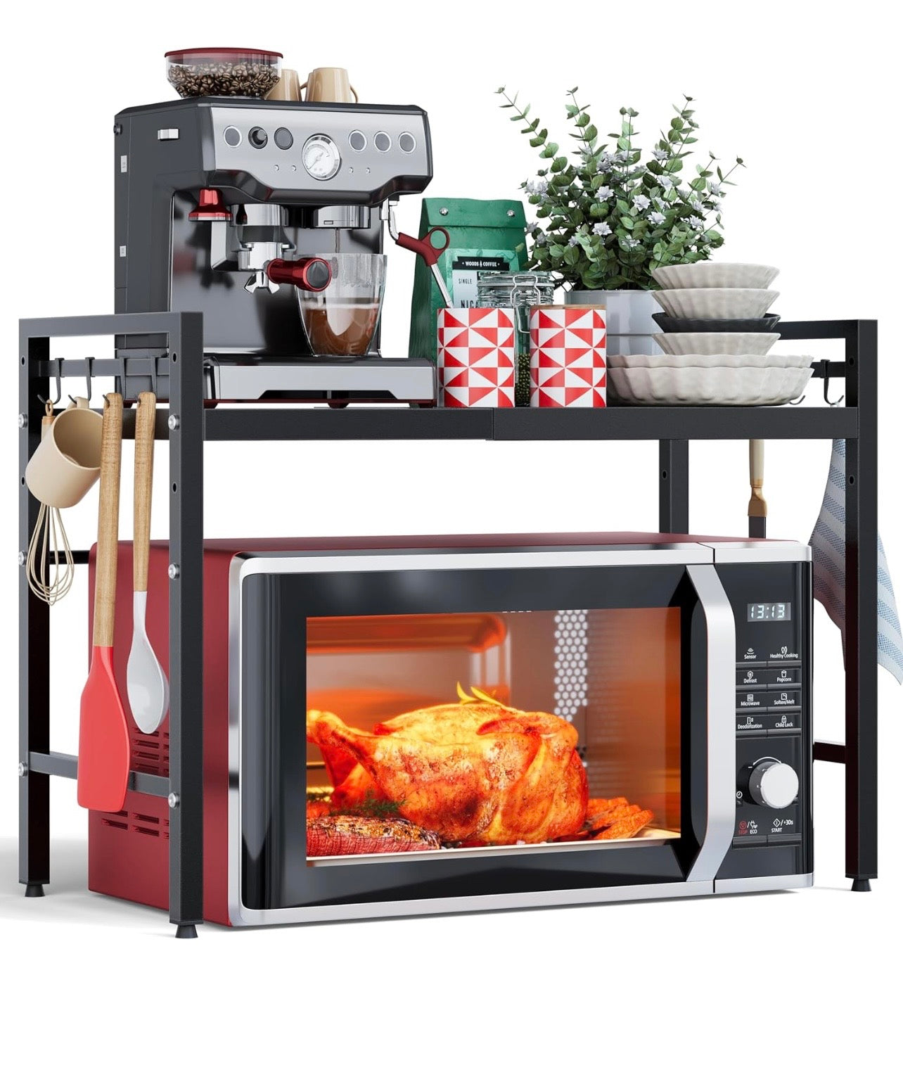 TidyLiving™ Expandable Microwave Shelf – Adjustable Kitchen Storage Rack with Hooks (Black)