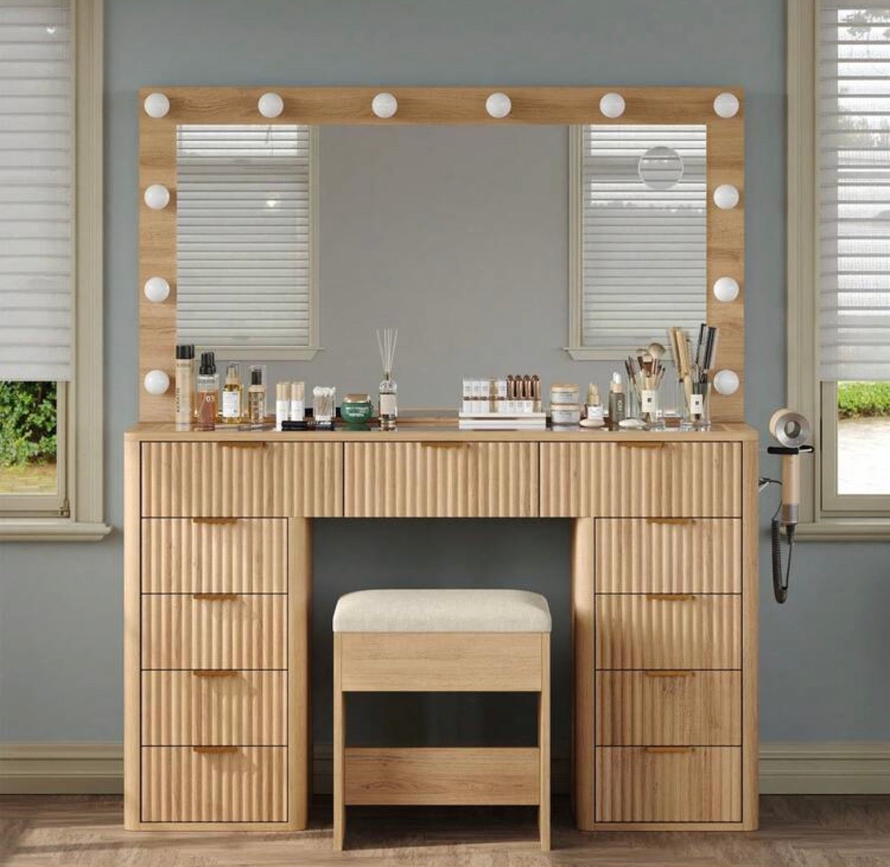 TidyLiving™ Fluted Luxury LED Makeup Vanity with Glass Top & 11 Drawers