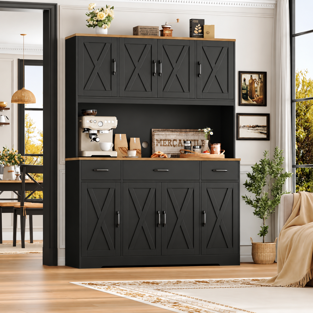 TidyLiving™ Farmhouse Kitchen Pantry & Storage Hutch with Charging Station