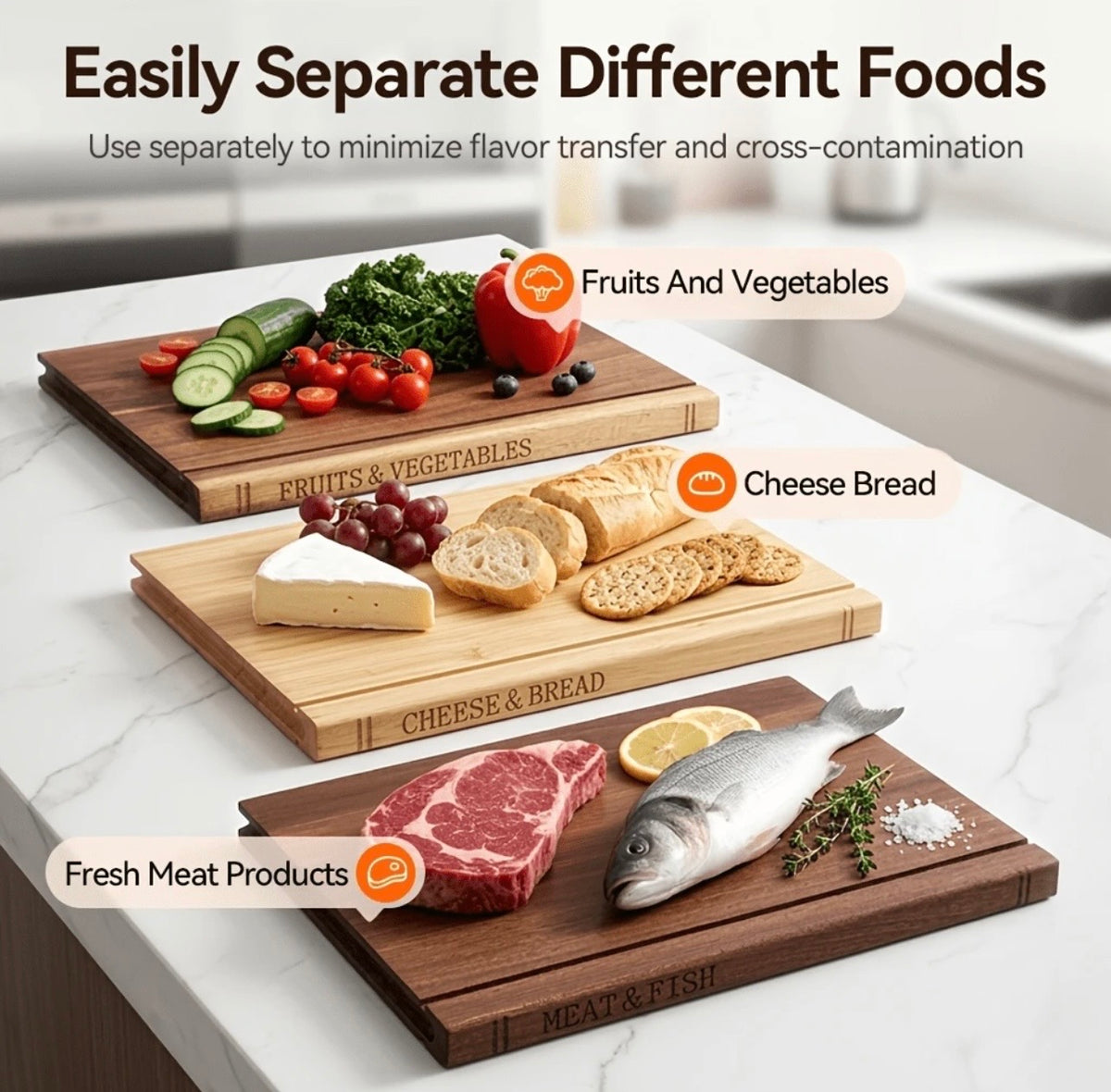 TidyLiving™ TrioPrep Cutting Board Set – 3-Piece Acacia Wood Boards with Storage Stand