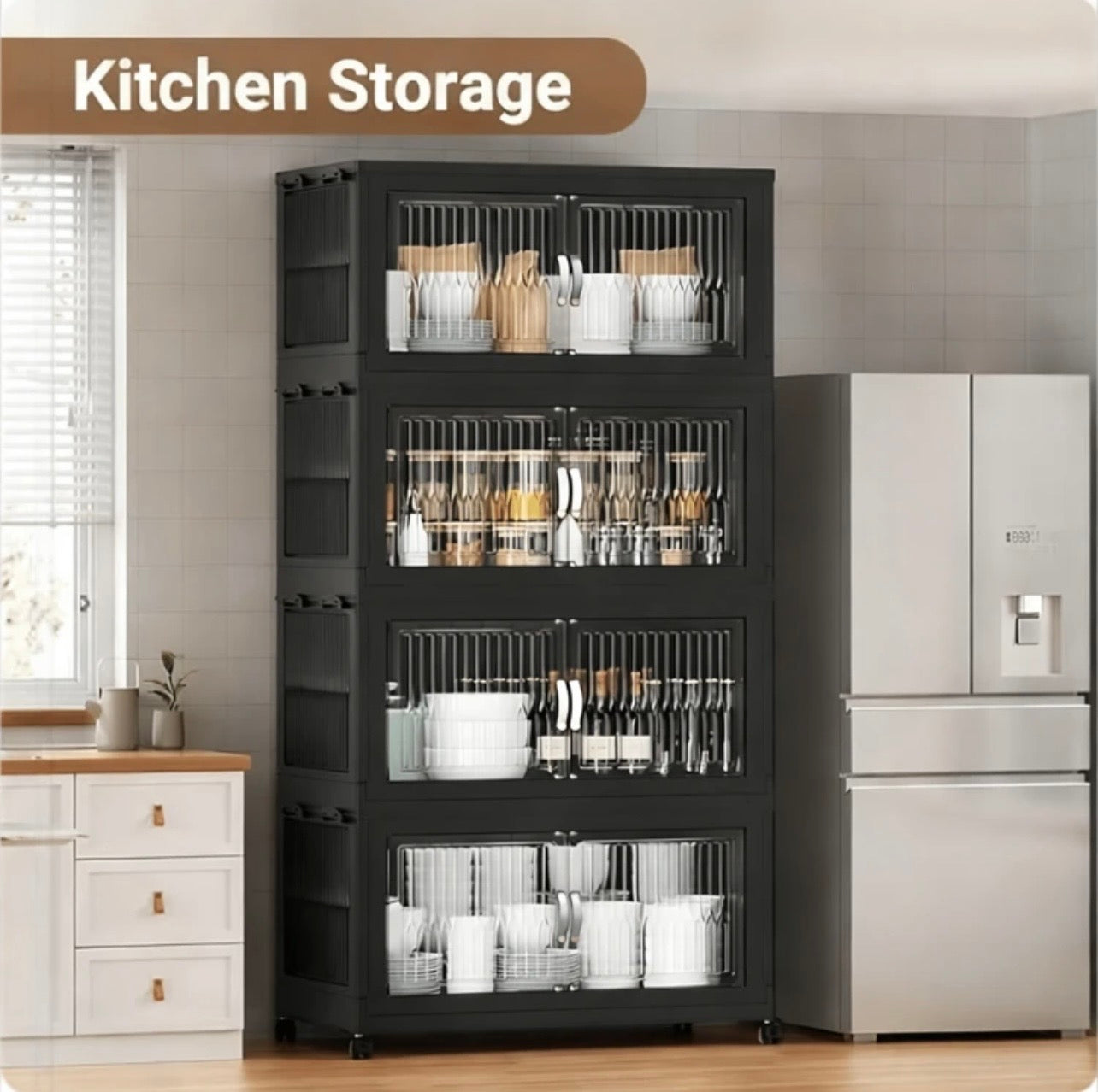 TidyLiving™ Foldable Stackable Storage Cabinet with Doors & Wheels (Multi-Tier Organizer)