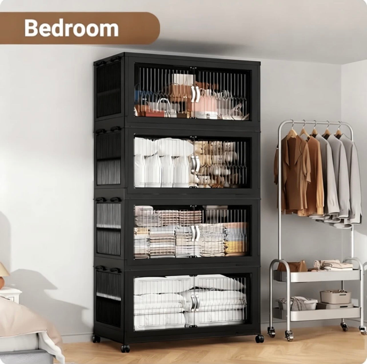 TidyLiving™ Foldable Stackable Storage Cabinet with Doors & Wheels (Multi-Tier Organizer)