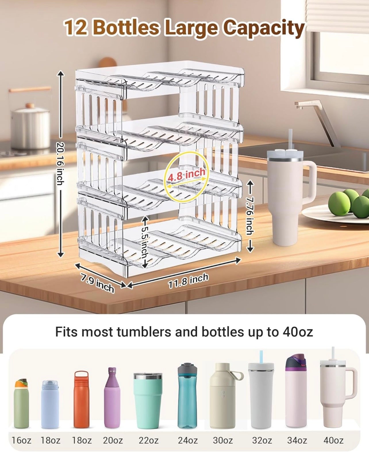 TidyLiving™ Stackable Tumbler & Water Bottle Organizer (12-Bottle Capacity)