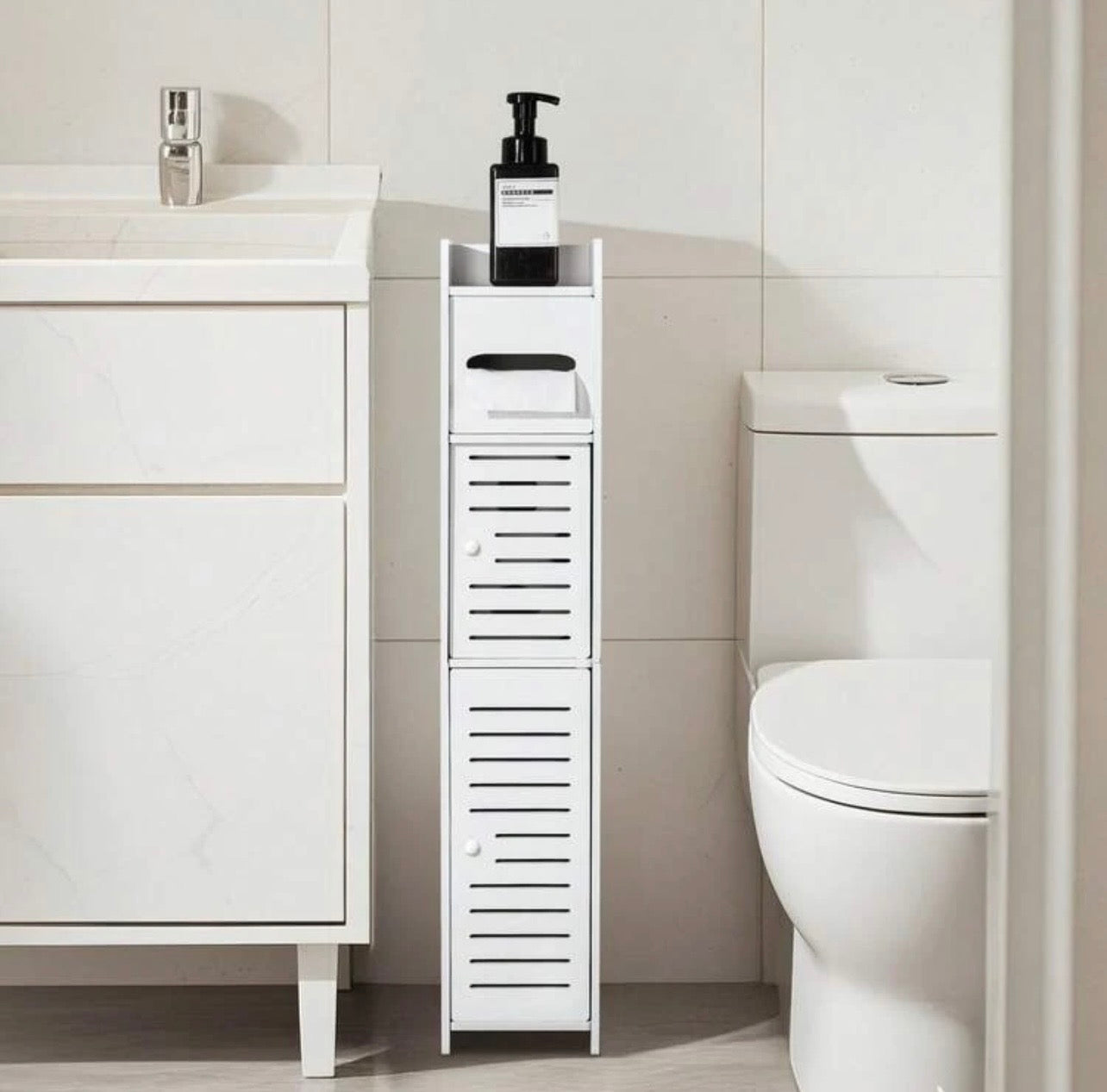 TidyLiving™ Slim Bathroom Storage Cabinet – Narrow Toilet Paper & Bathroom Organizer with Hidden Shelves