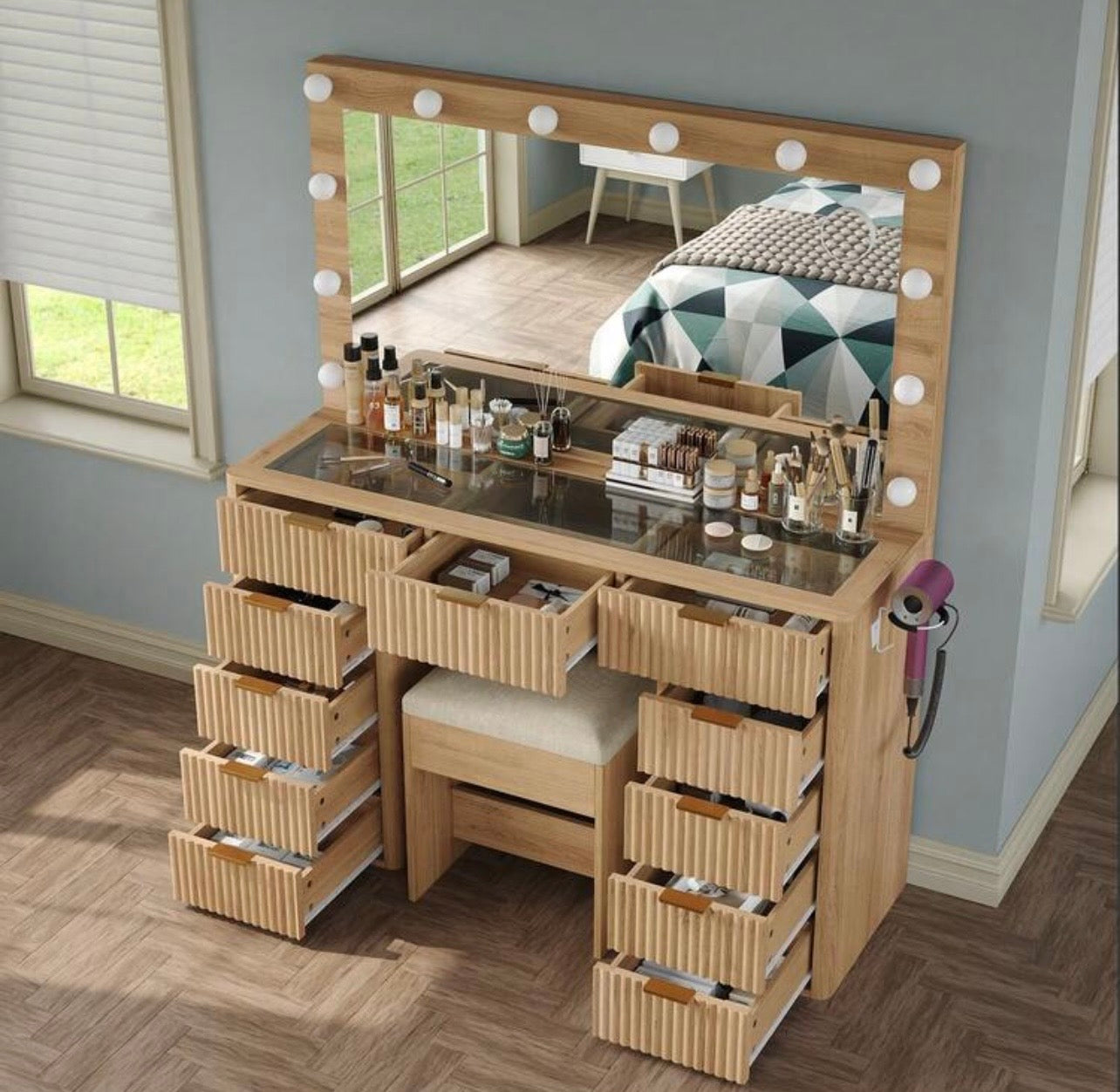 TidyLiving™ Fluted Luxury LED Makeup Vanity with Glass Top & 11 Drawers