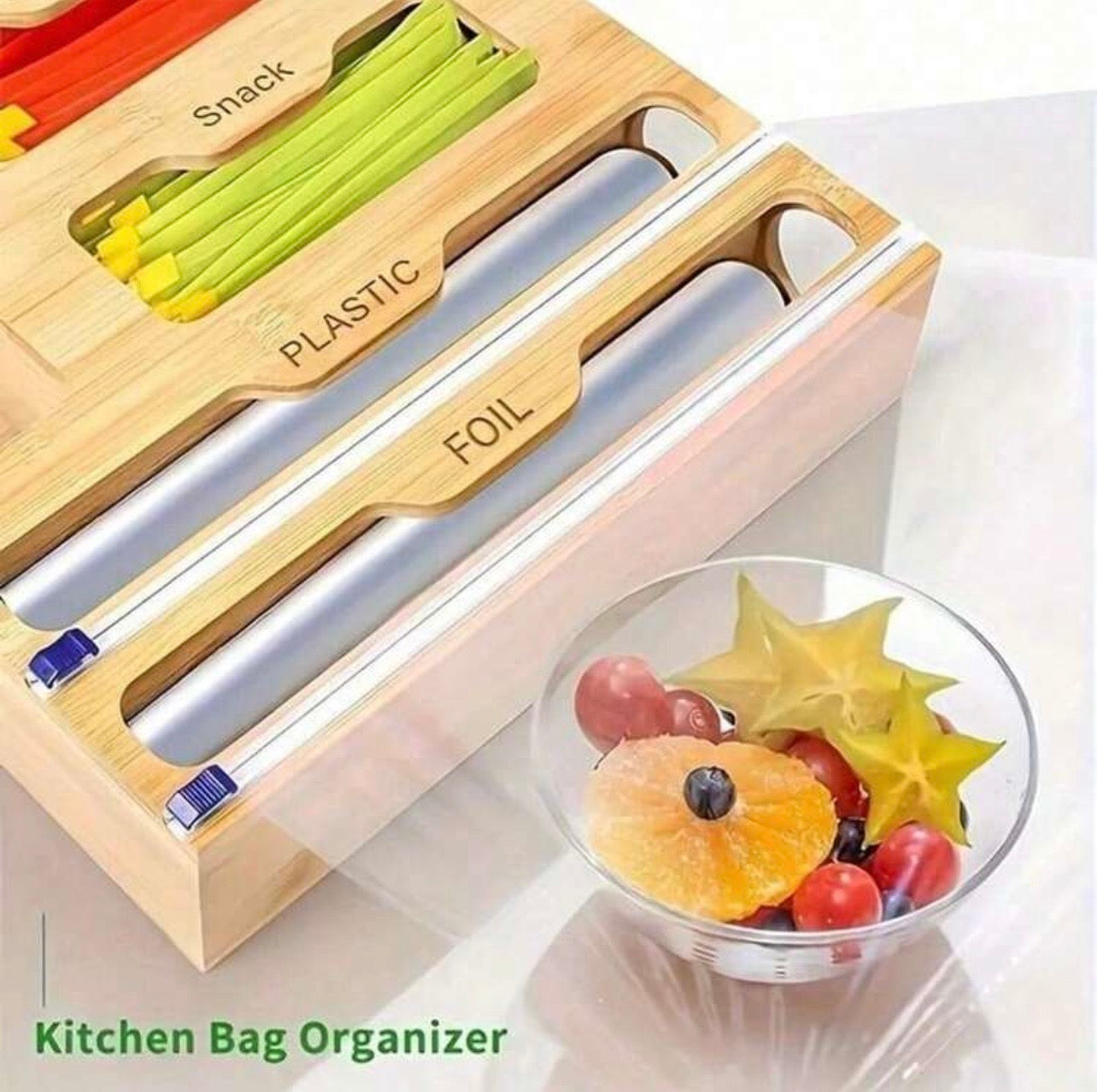 TidyLiving™ 6-in-1 Bamboo Bag Organizer & Wrap Dispenser