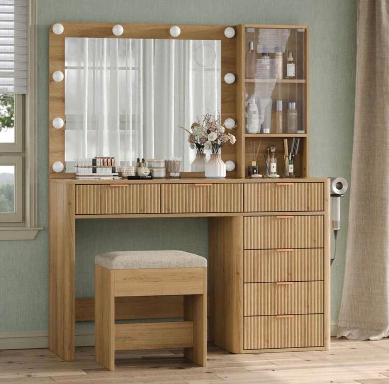 TidyLiving™ 47” Fluted Makeup Vanity with LED Mirror, 7 Drawers & Glass Top