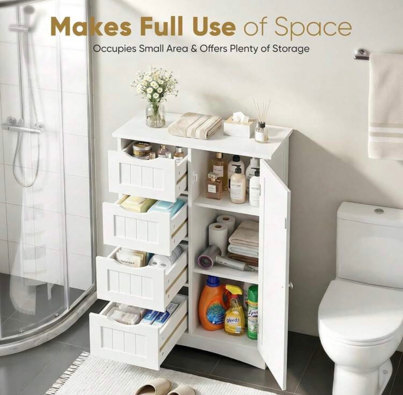 TidyLiving™ Bathroom Storage Cabinet with 4 Drawers & Adjustable Shelves – Freestanding Bathroom Organizer