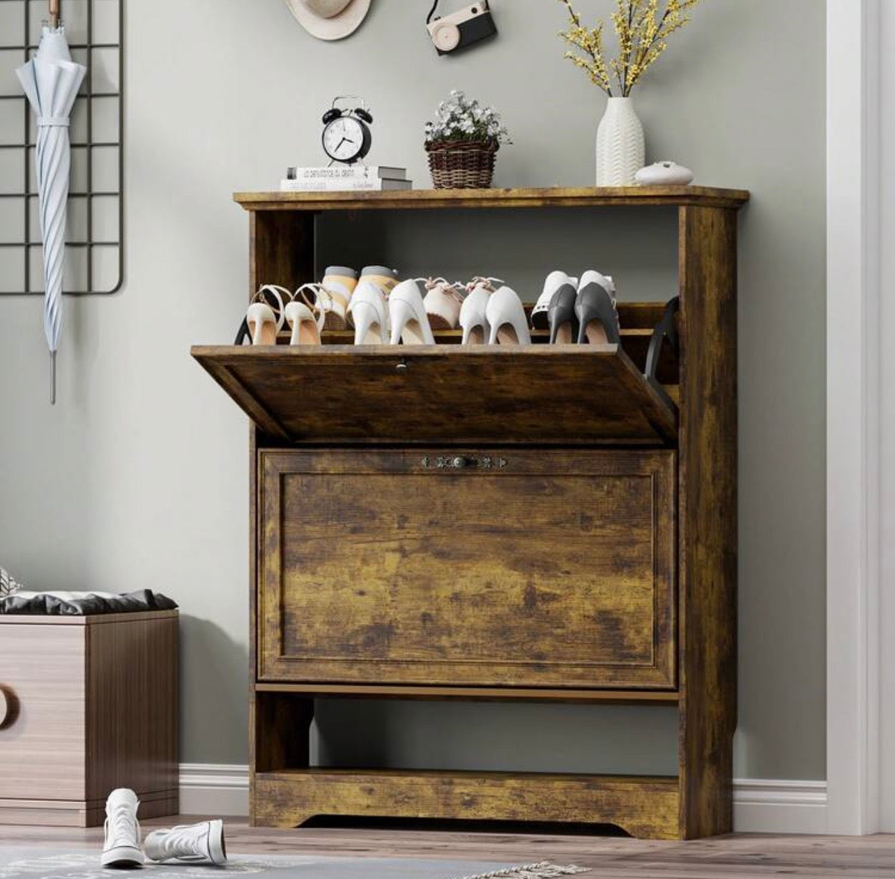 TidyLiving™ Rustic Flip-Door Shoe Storage Cabinet – Space Saving Entryway Organizer