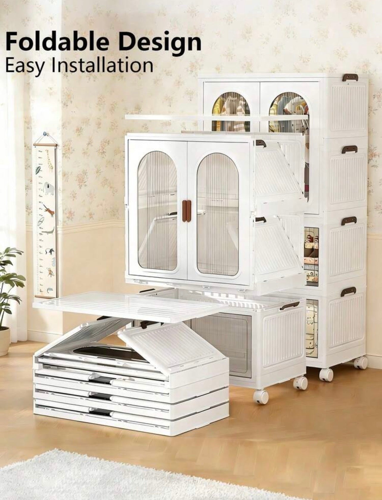 TidyLiving™ Foldable Wardrobe Storage Cabinet with Hanging Closet, Clear Doors & Wheels