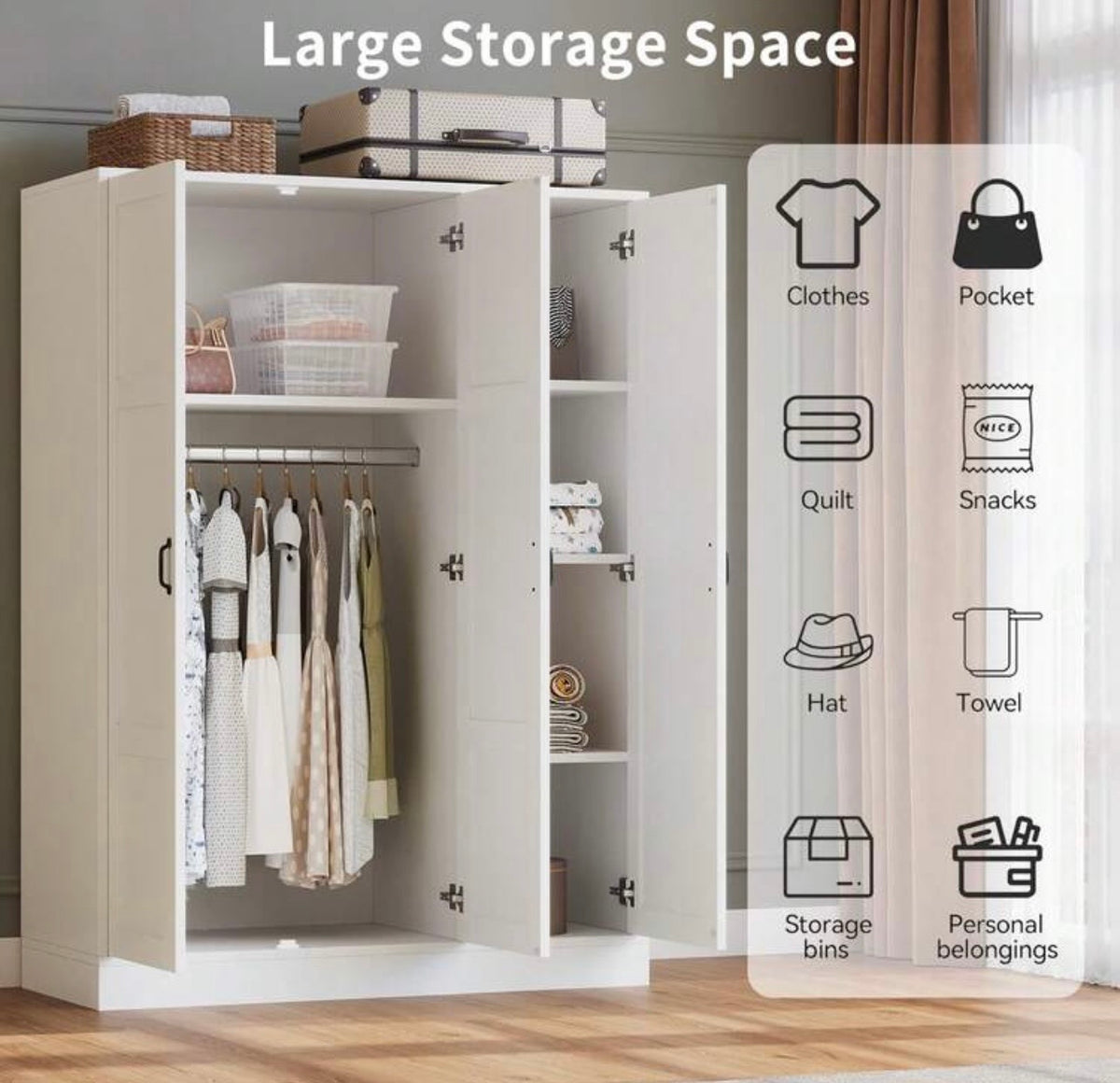 TidyLiving™ 3-Door Wardrobe with Full-Length Mirror, Hanging Rod & Adjustable Storage