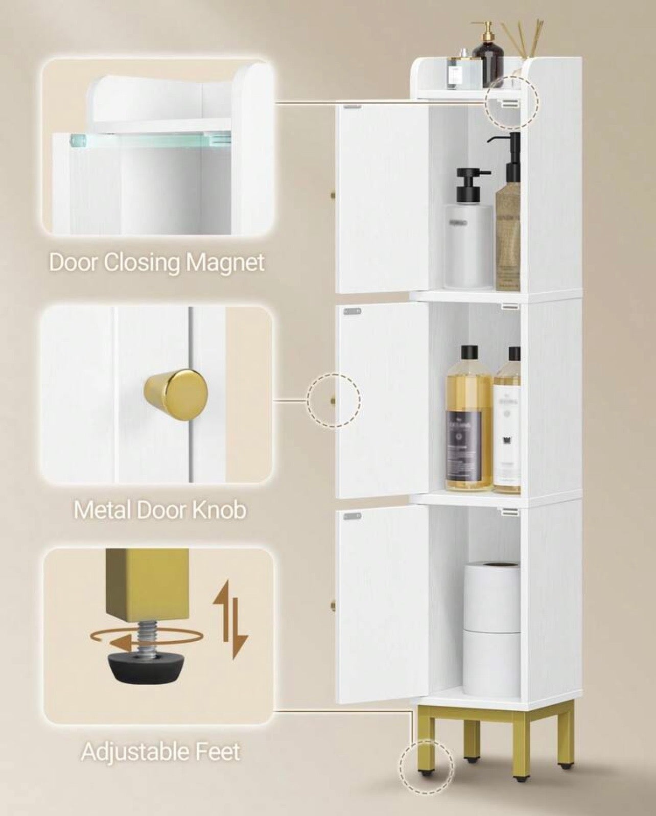 TidyLiving™ Slim Bathroom Storage Cabinet – 3-Door Freestanding Narrow Linen & Toilet Organizer