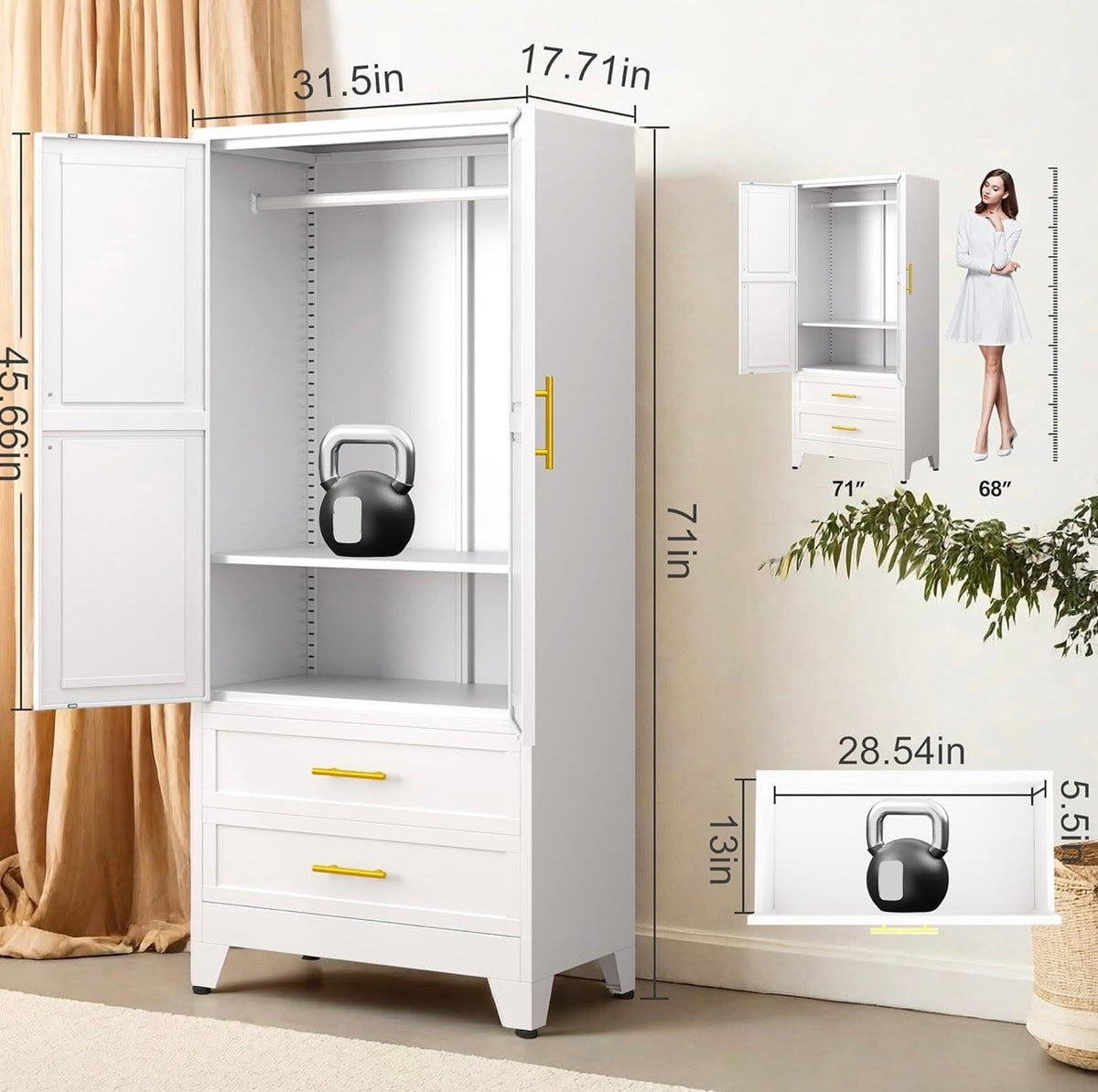TidyLiving™ Aurelia 71” Freestanding Wardrobe with Adjustable Shelving & Hanging Rail