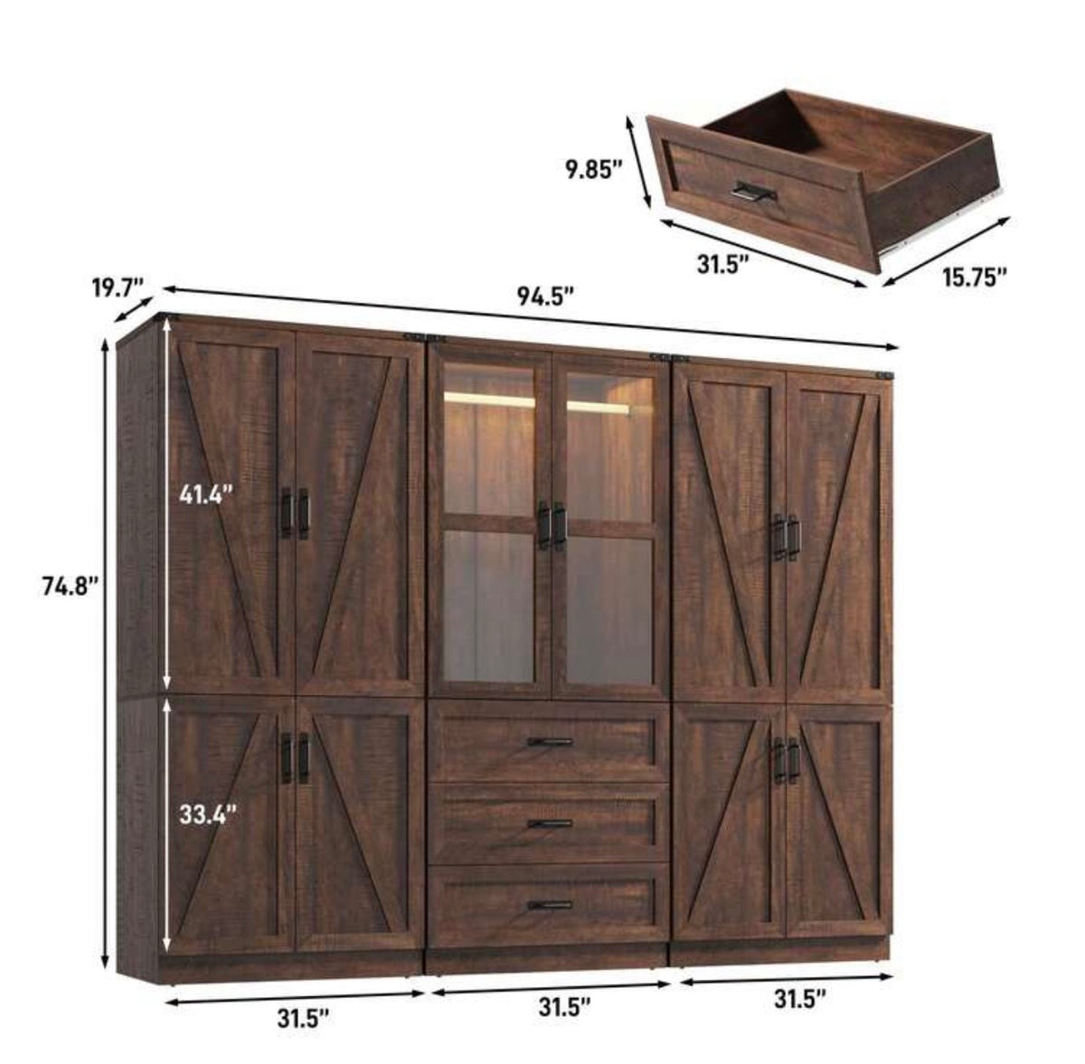 TidyLiving™ Modular Farmhouse Wardrobe with LED Lighting & Storage