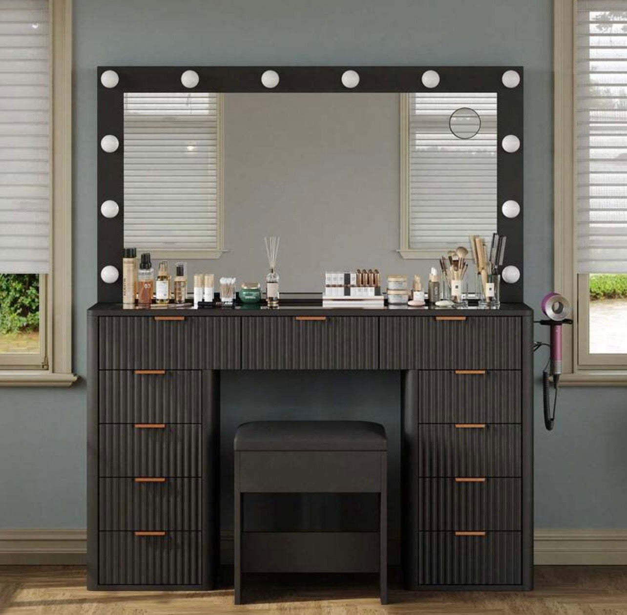 TidyLiving™ Fluted Luxury LED Makeup Vanity with Glass Top & 11 Drawers