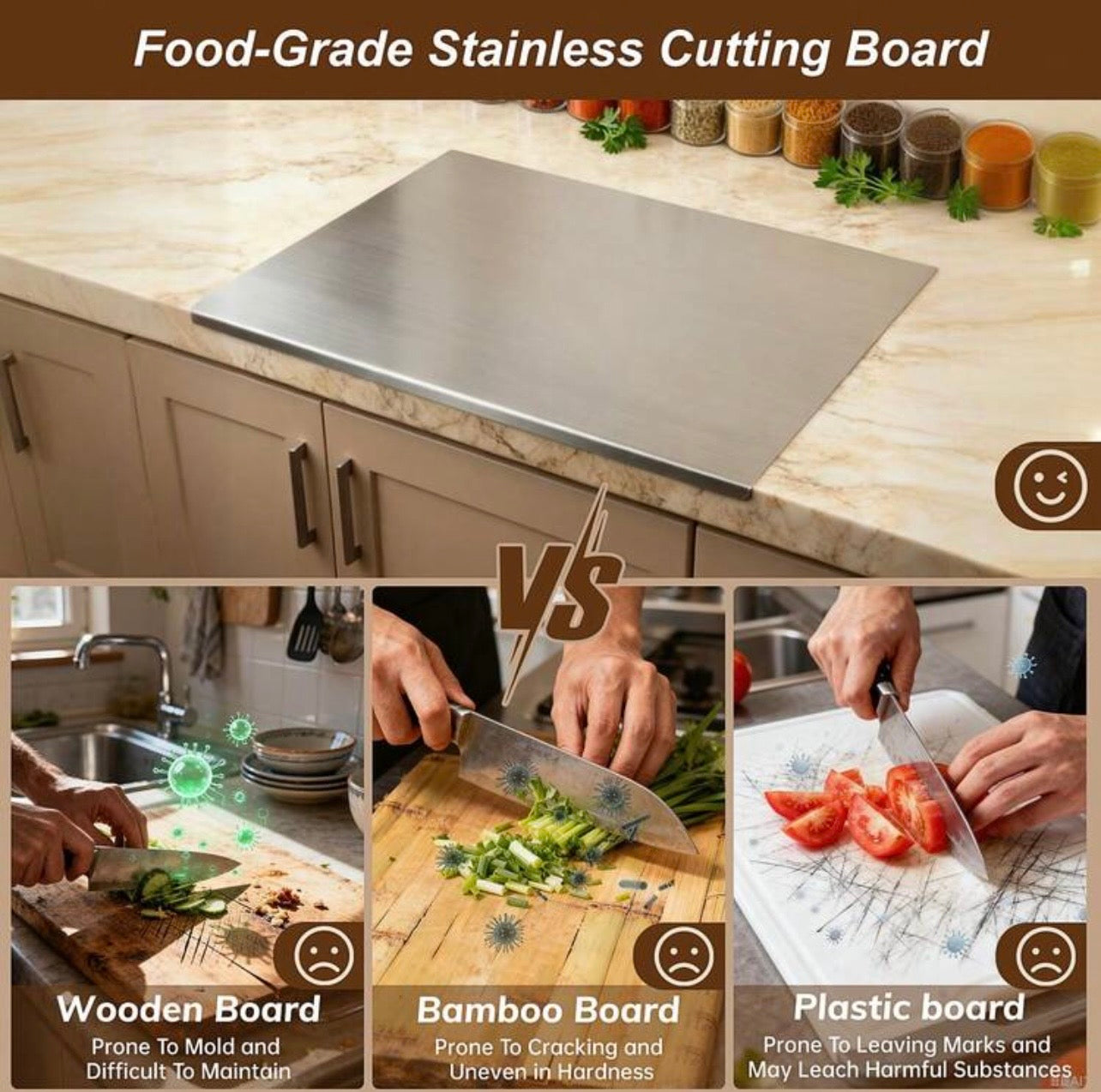 TidyLiving™ Stainless Steel Pro Cutting Board – Hygienic, Odor-Free & Easy Clean