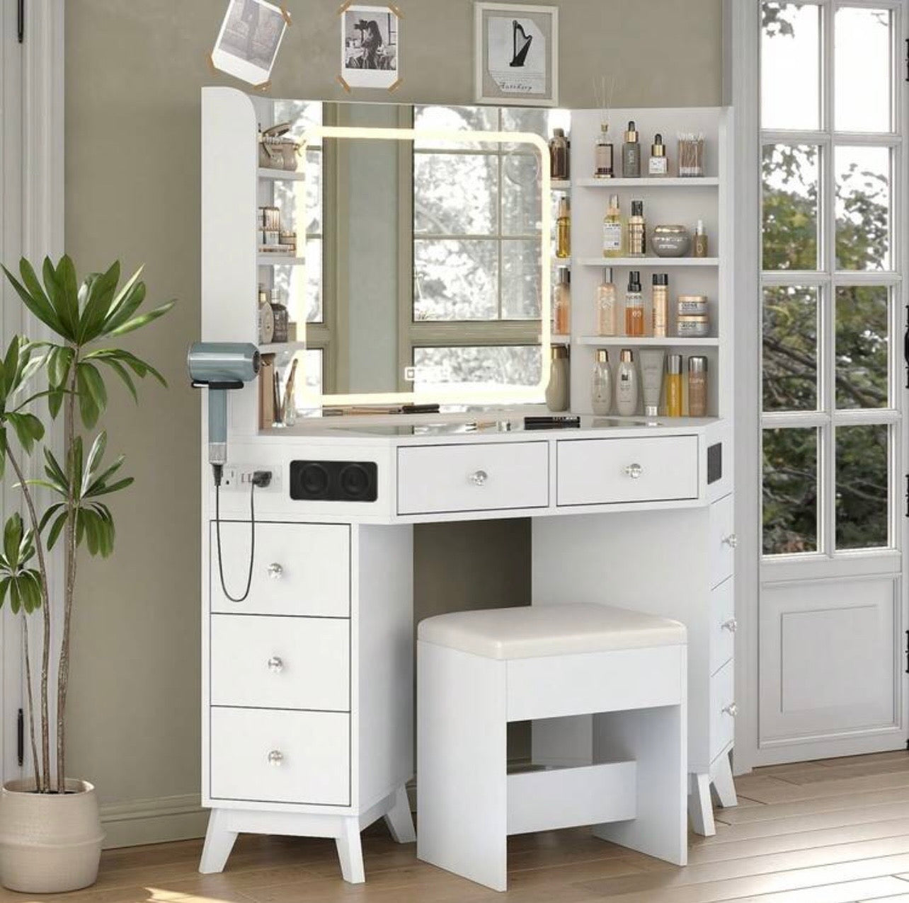 TidyLiving™ Luxe Corner Makeup Vanity with LED Mirror, 8 Drawers & Stool
