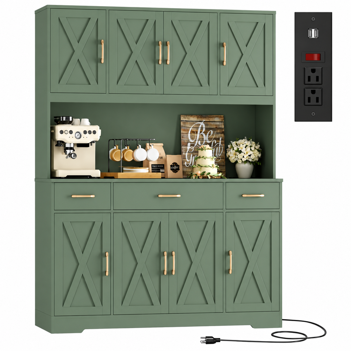 TidyLiving™ Farmhouse Kitchen Pantry & Storage Hutch with Charging Station