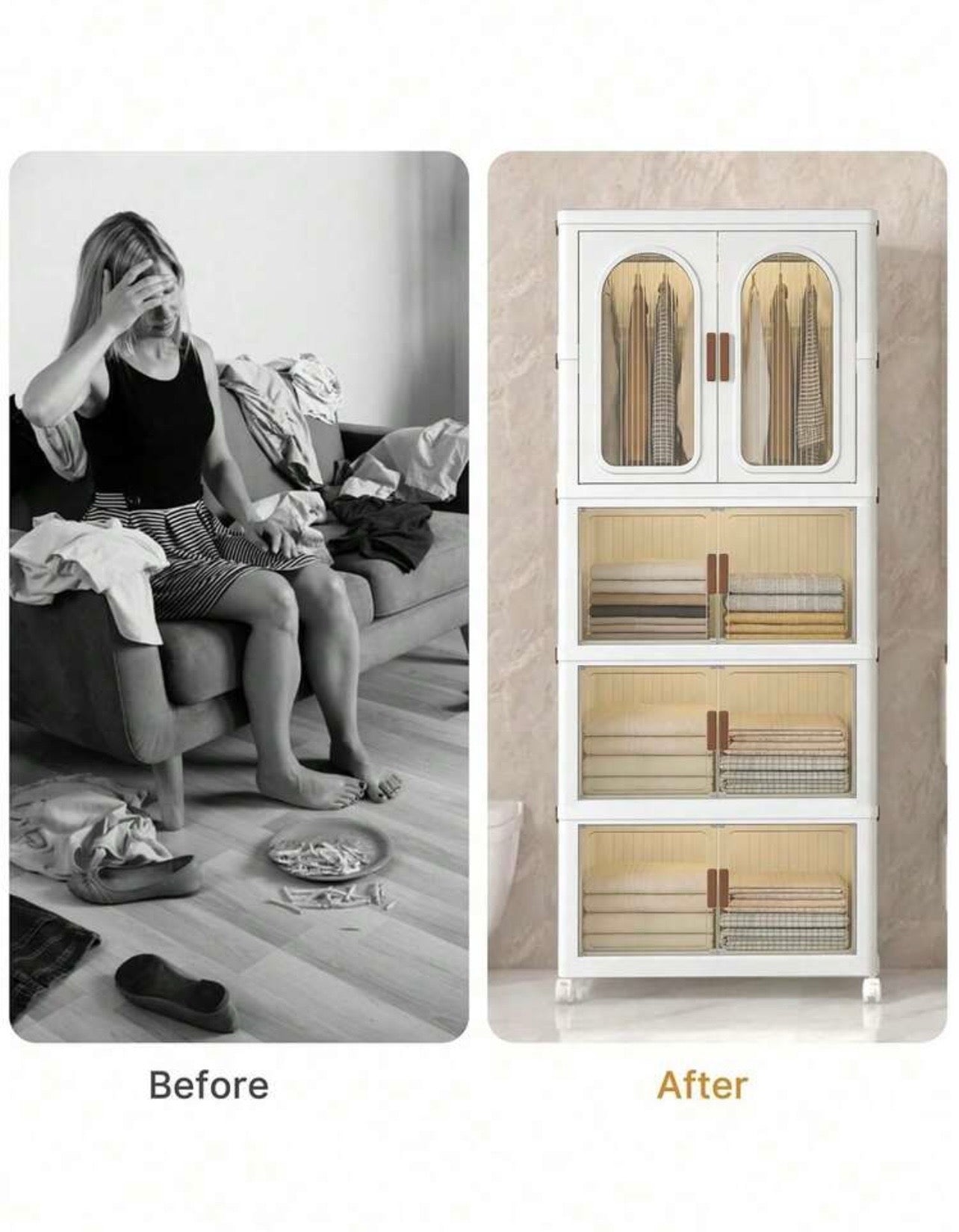 TidyLiving™ Foldable Wardrobe Storage Cabinet with Hanging Closet, Clear Doors & Wheels