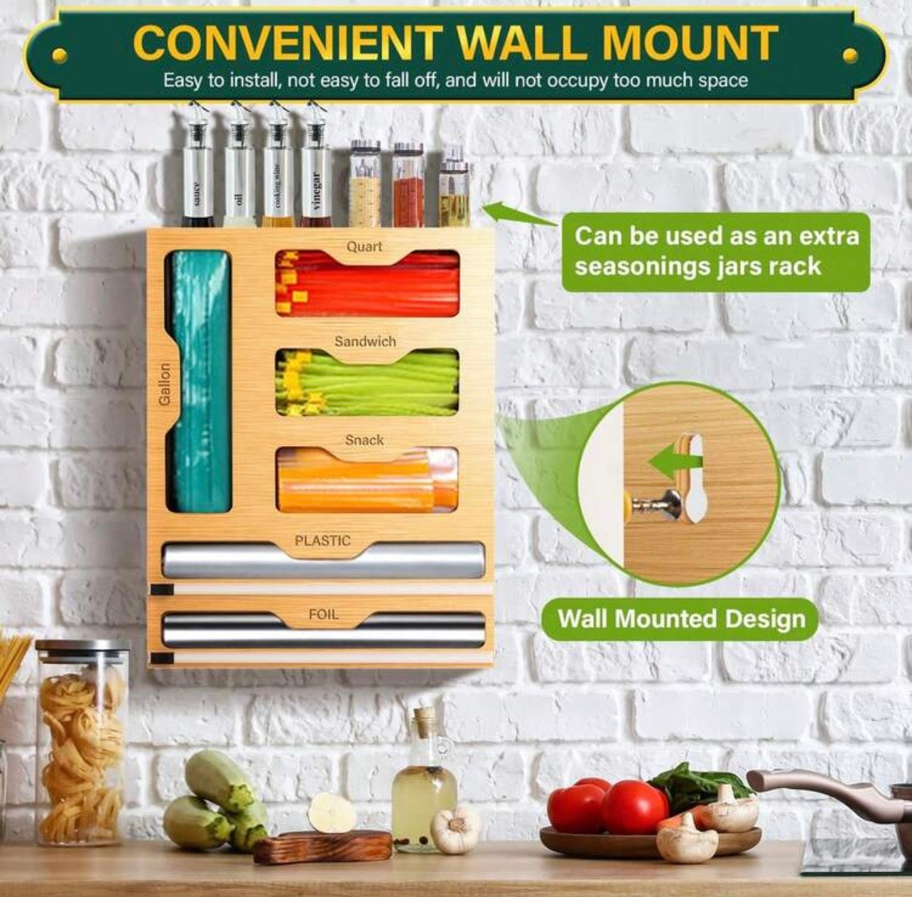 TidyLiving™ 6-in-1 Bamboo Bag Organizer & Wrap Dispenser