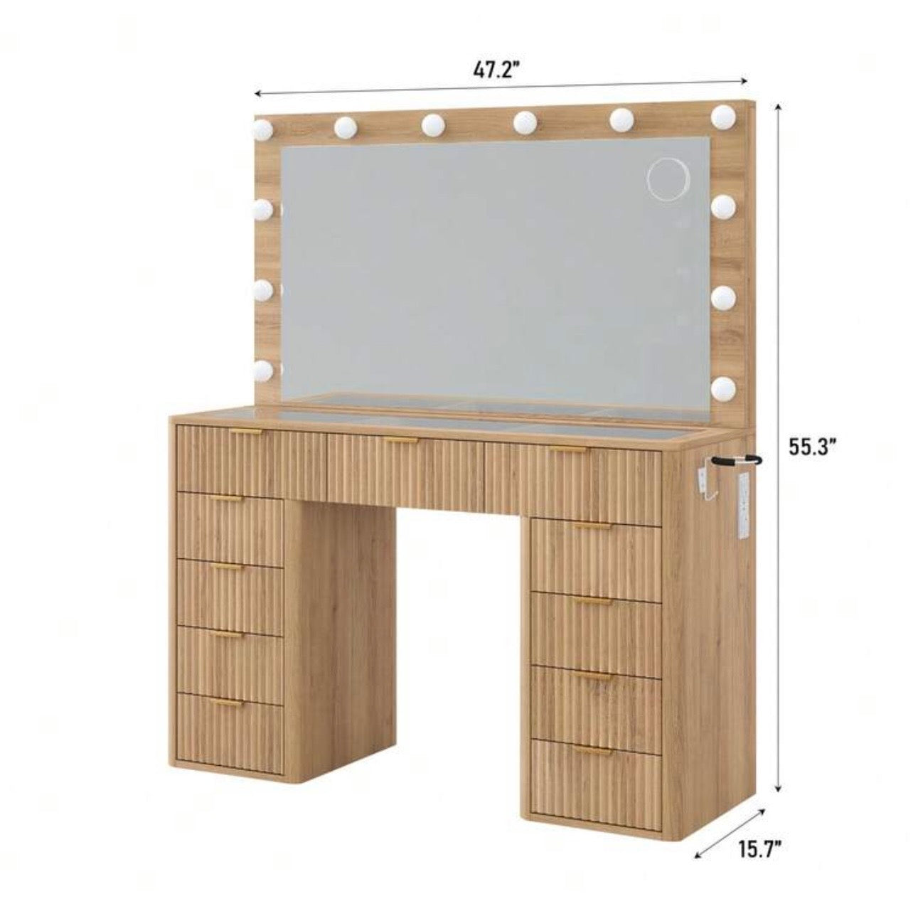 TidyLiving™ Fluted Luxury LED Makeup Vanity with Glass Top & 11 Drawers