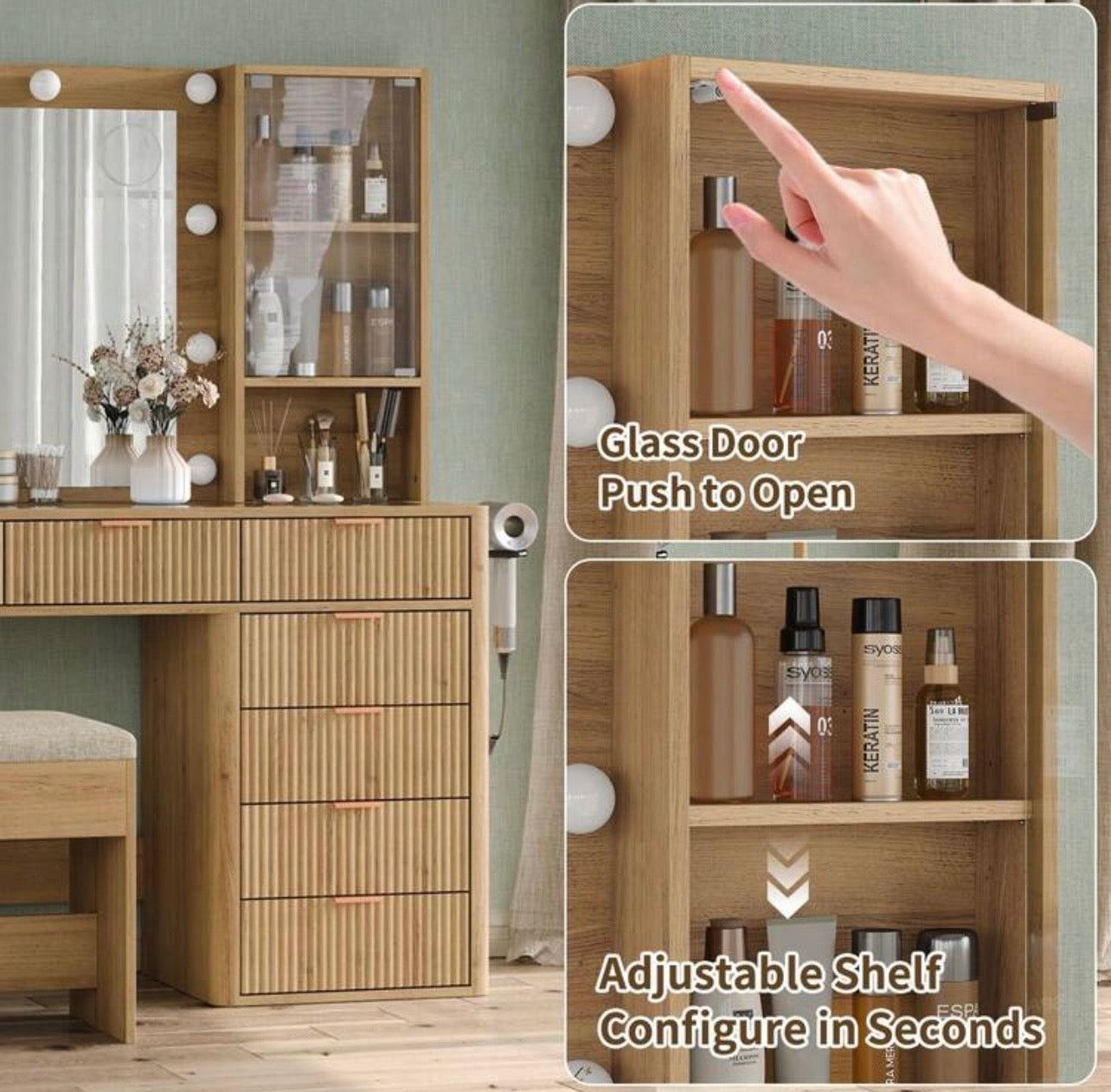 TidyLiving™ 47” Fluted Makeup Vanity with LED Mirror, 7 Drawers & Glass Top