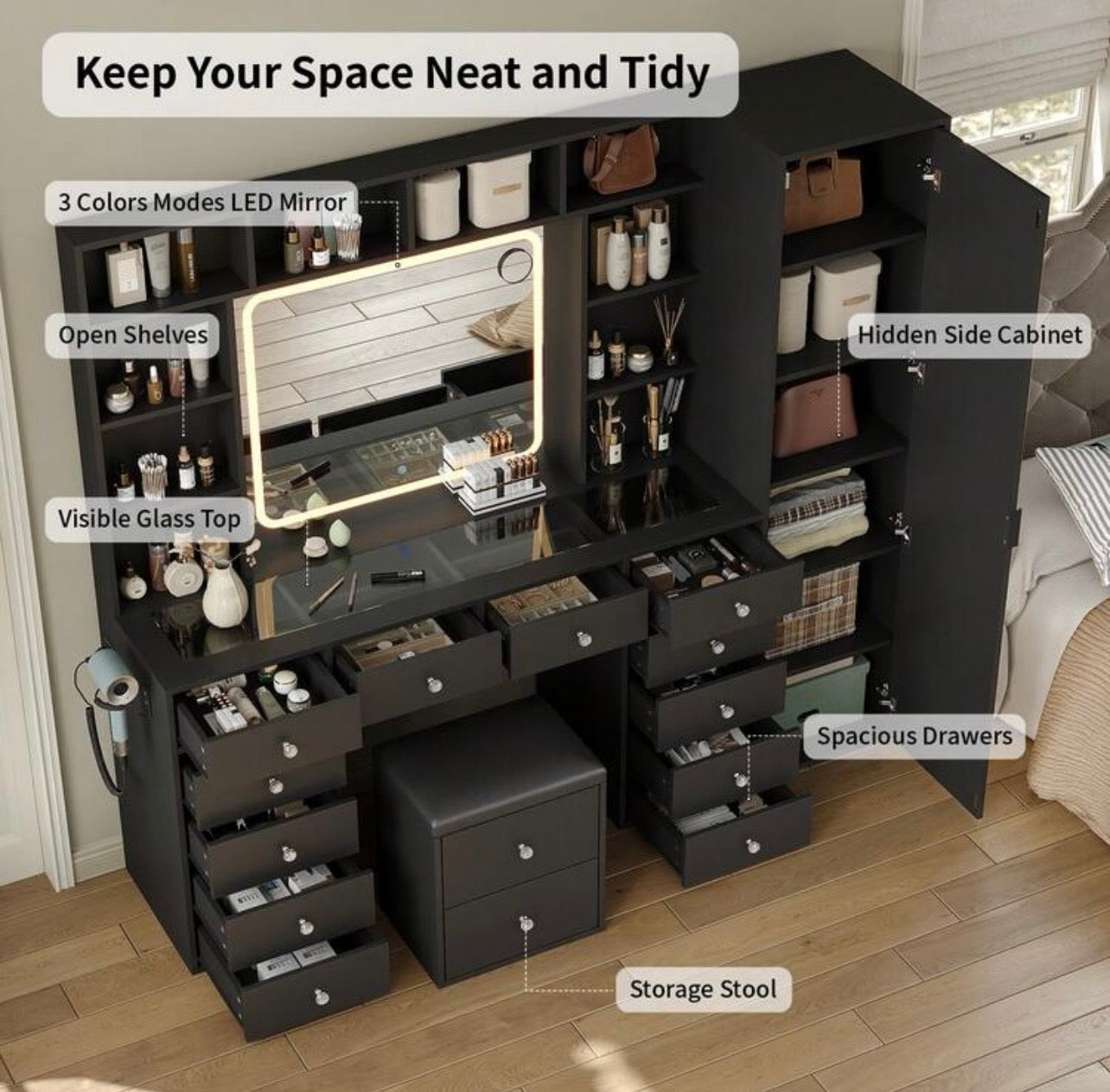TidyLiving™ Luxury LED Makeup Vanity with Full-Length Mirror & Storage