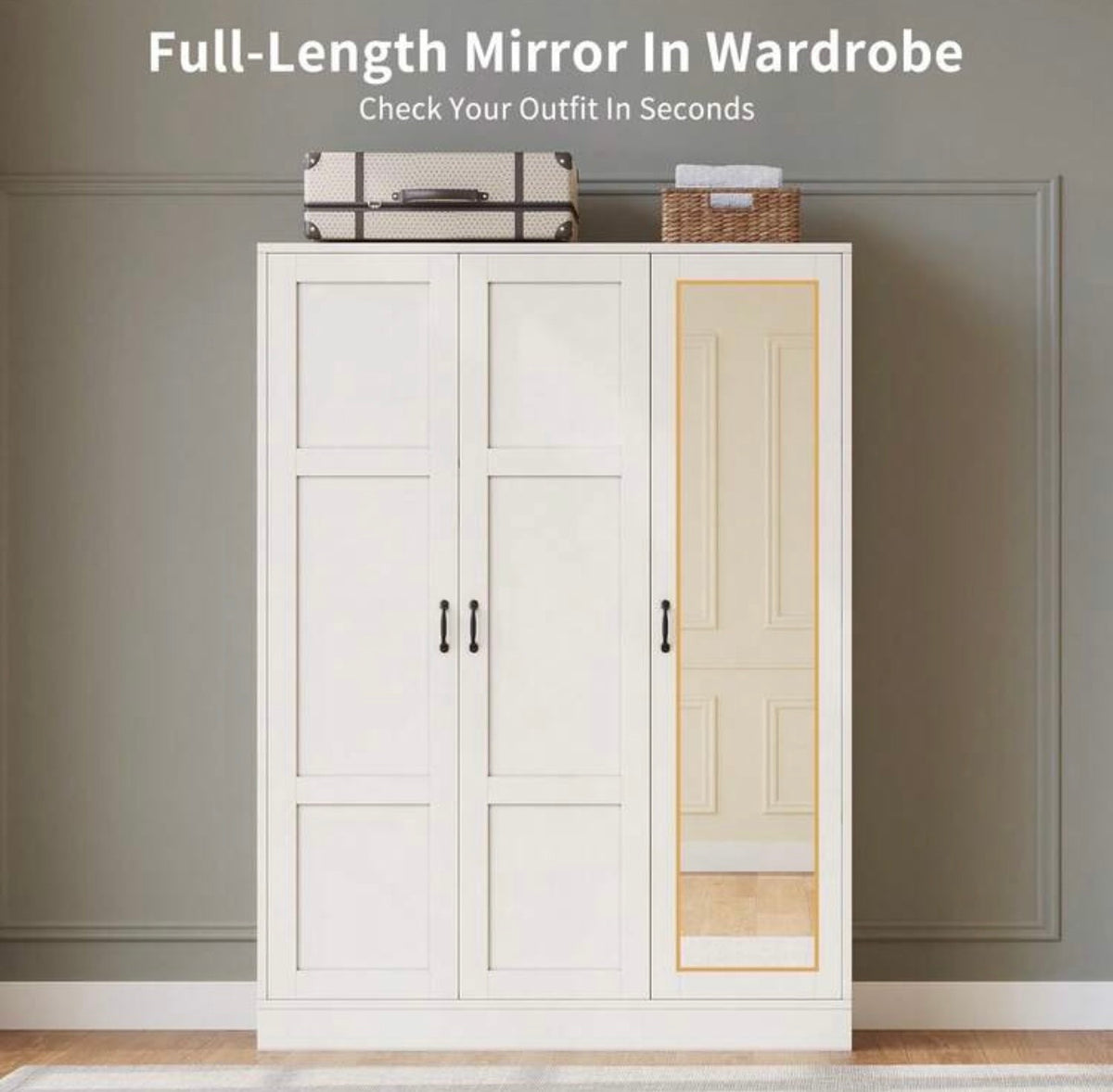 TidyLiving™ 3-Door Wardrobe with Full-Length Mirror, Hanging Rod & Adjustable Storage