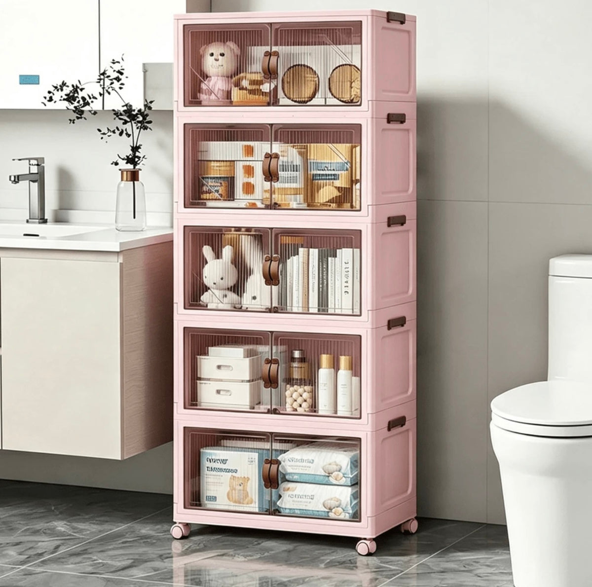TidyLiving™ Foldable Stackable Storage Cabinet with Doors & Wheels