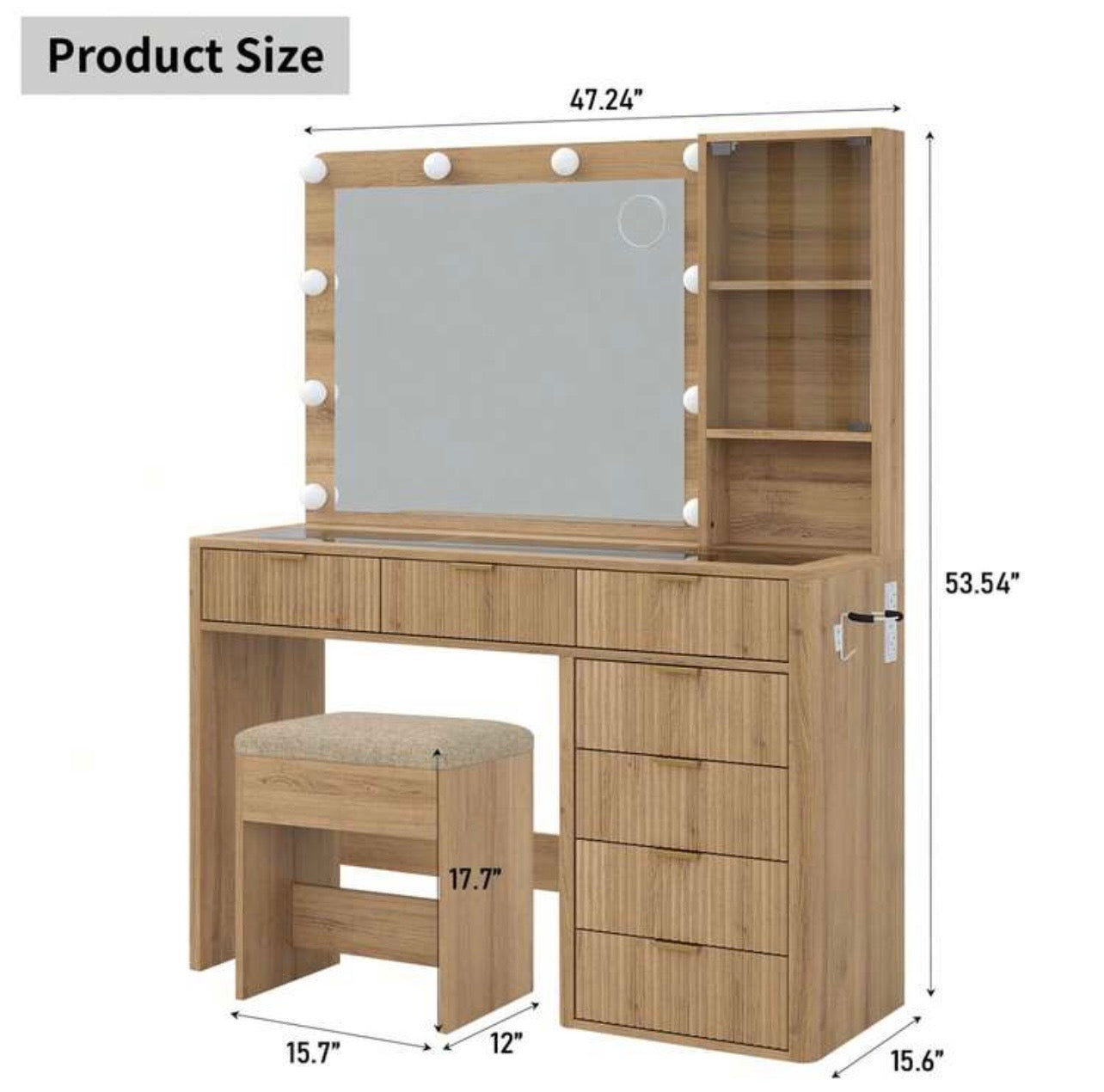 TidyLiving™ 47” Fluted Makeup Vanity with LED Mirror, 7 Drawers & Glass Top