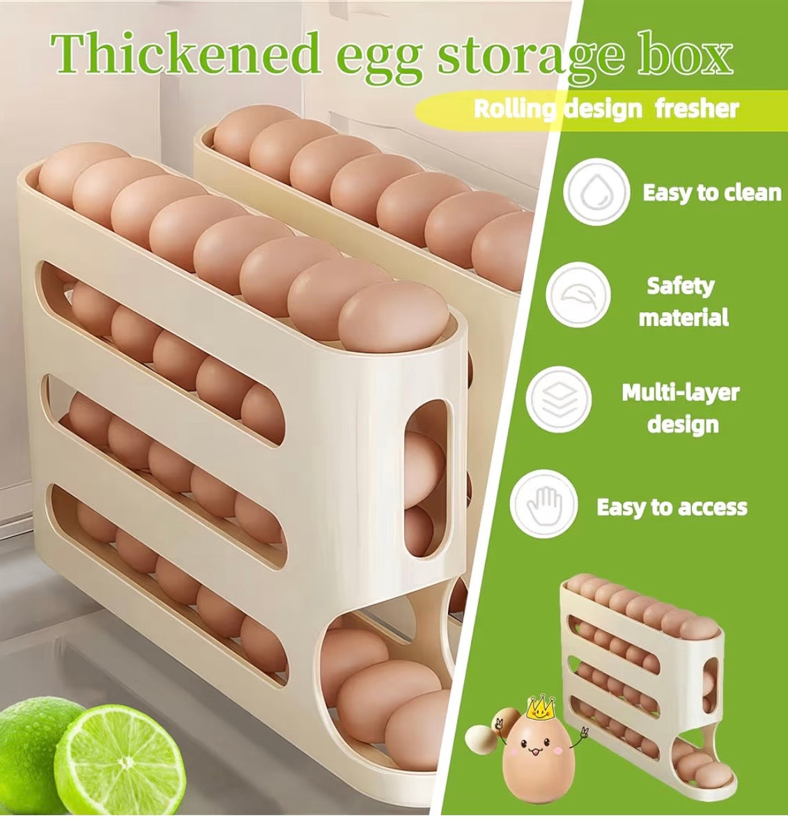 TidyLiving™ Auto Rolling Egg Organizer – Space-Saving Fridge Egg Holder (Holds 30 Eggs)