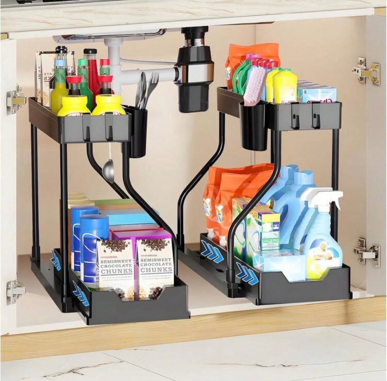 TidyLiving™ SlideOut Under Sink Organizer – 2-Tier Pull-Out Storage Rack with Hooks & Cups