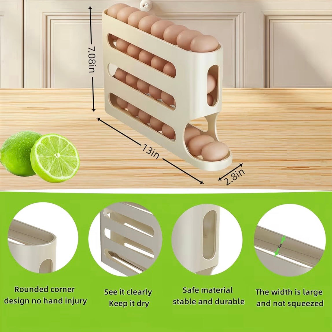 TidyLiving™ Auto Rolling Egg Organizer – Space-Saving Fridge Egg Holder (Holds 30 Eggs)