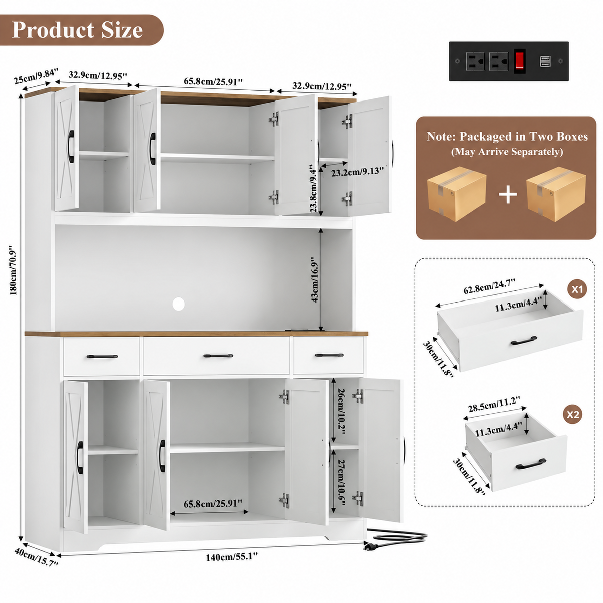 TidyLiving™ Farmhouse Kitchen Pantry & Storage Hutch with Charging Station